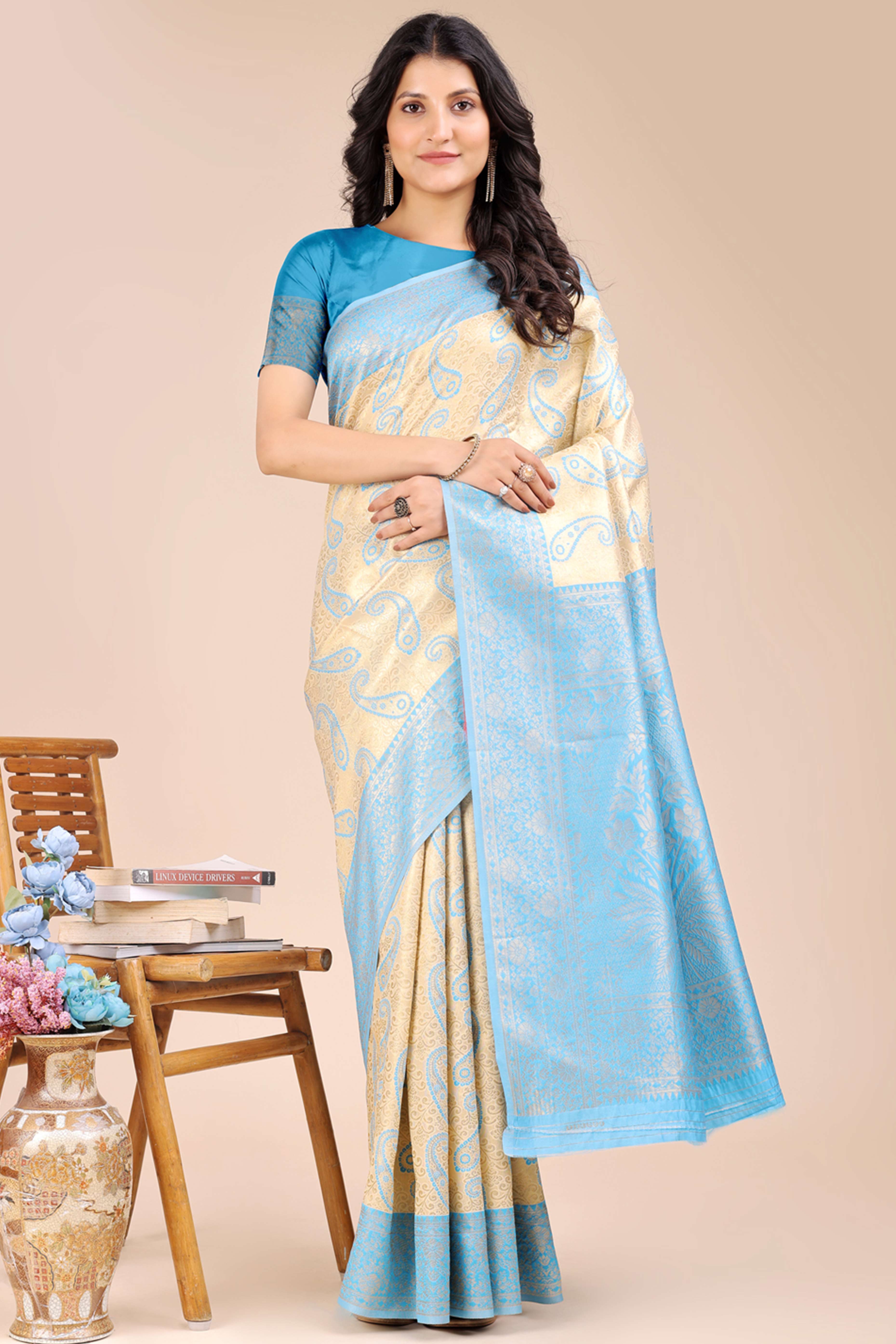 Cream Banarasi Silk Saree Featuring Sky Blue Floral Zari Weaving and a Rich Contrast Border