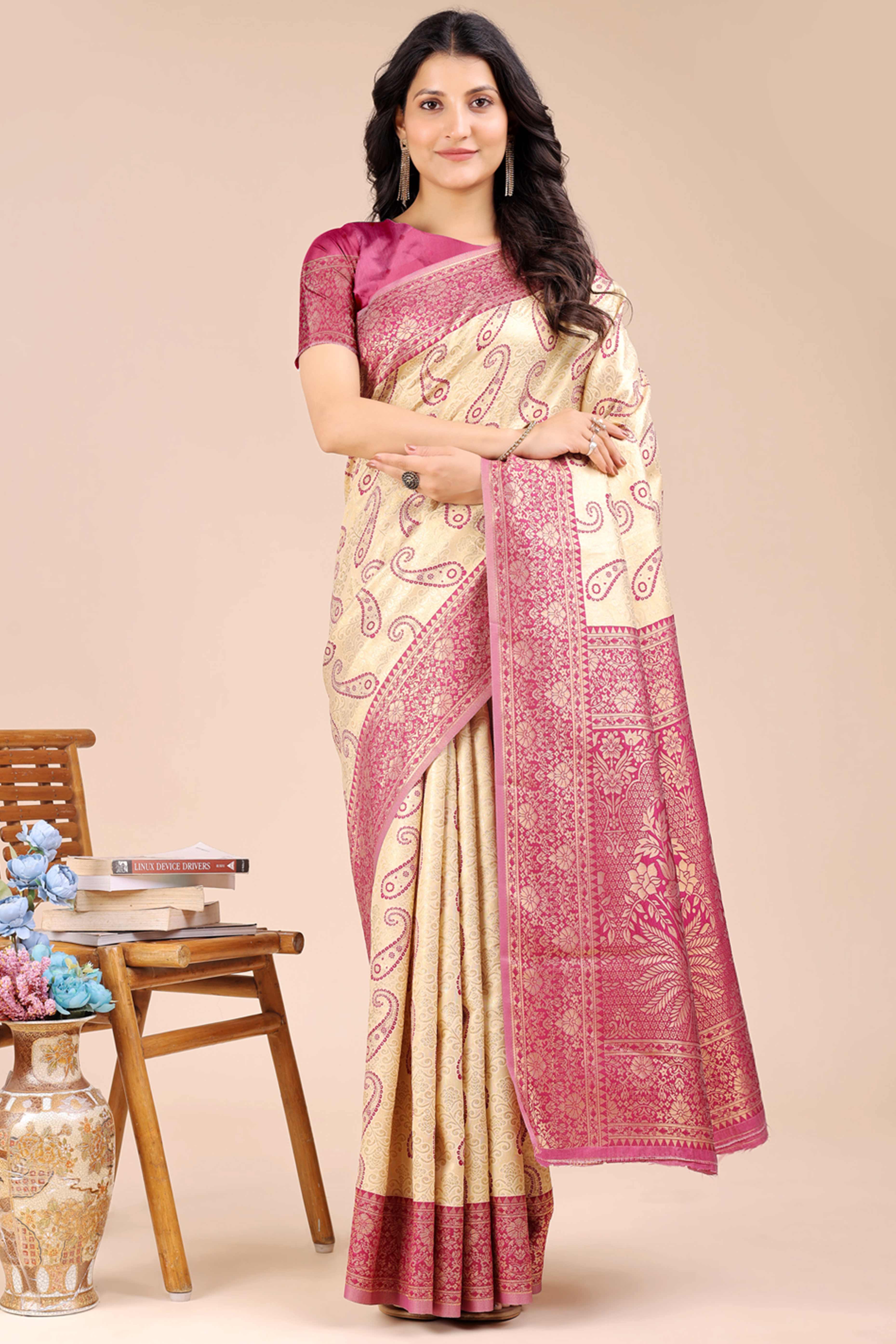 Cream Banarasi Silk Saree Featuring Magenta Floral Zari Weaving and a Rich Contrast Border