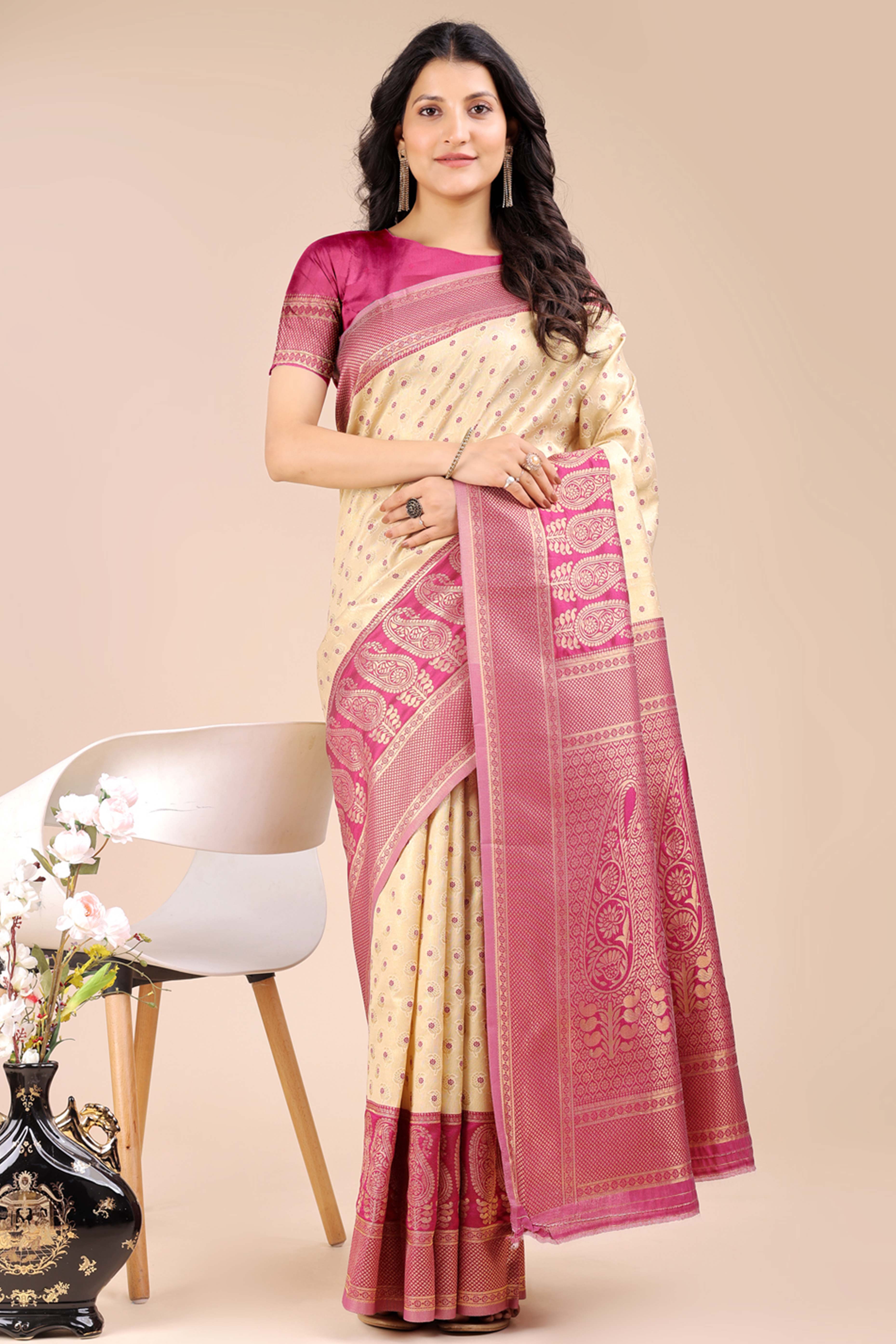 Cream Banarasi Silk Saree Featuring Lustrous Magenta Floral Zari Weaving and a Rich Contrast Border