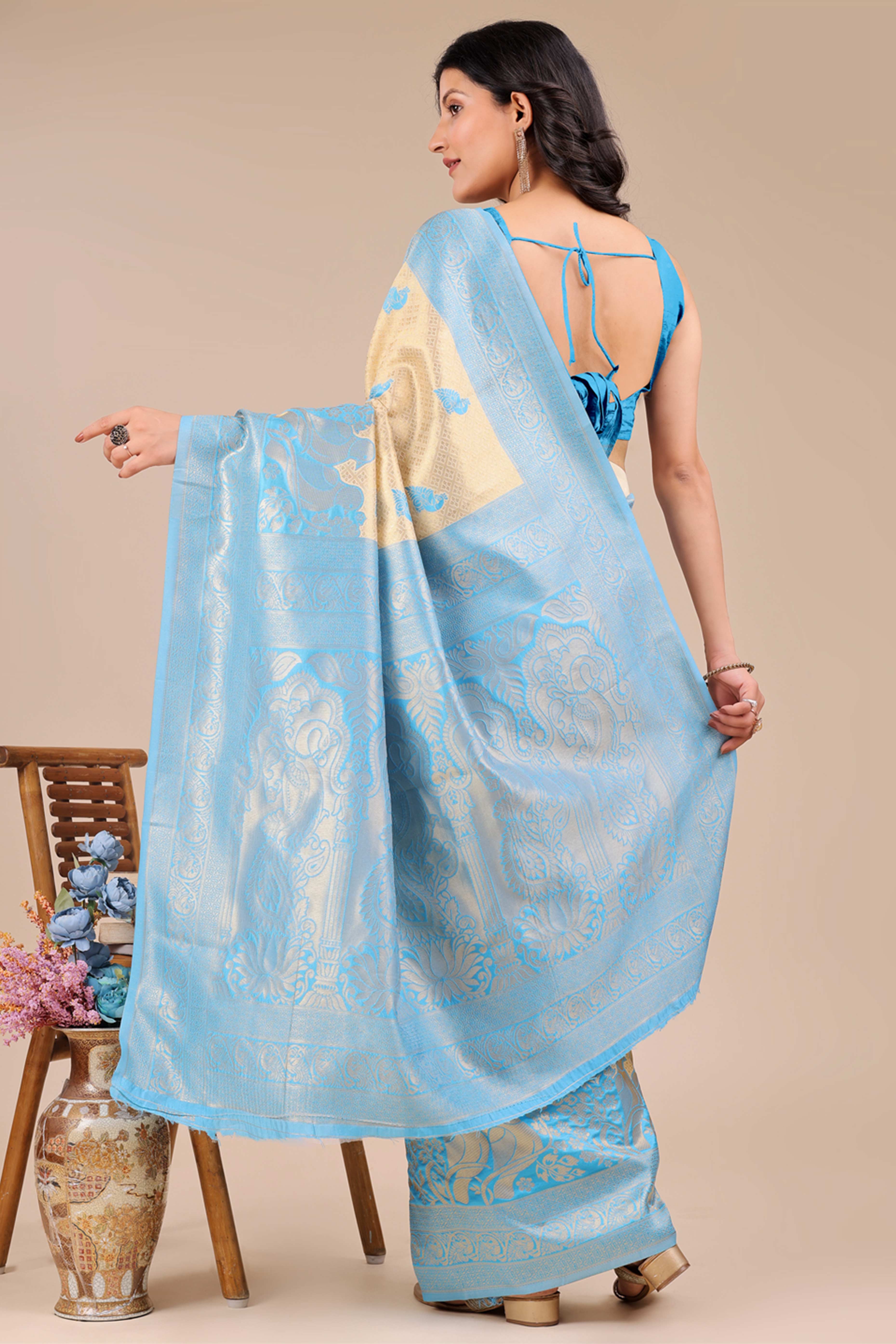 Cream & Sky Blue Floral Zari Weaving Banarasi Silk Saree With Intricate Peacock Pallu