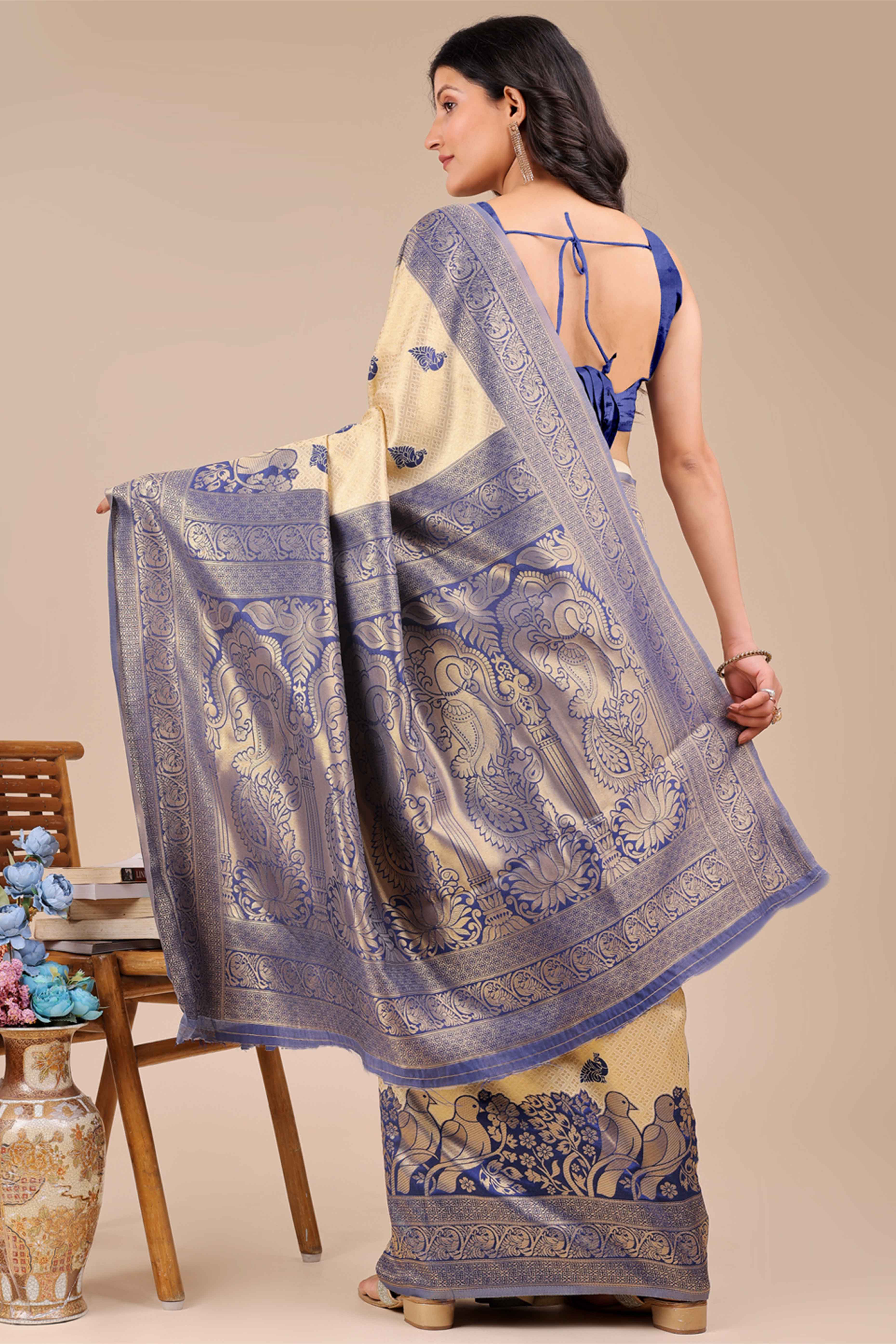 Cream & Navy Blue Floral Zari Weaving Banarasi Silk Saree With Intricate Peacock Pallu