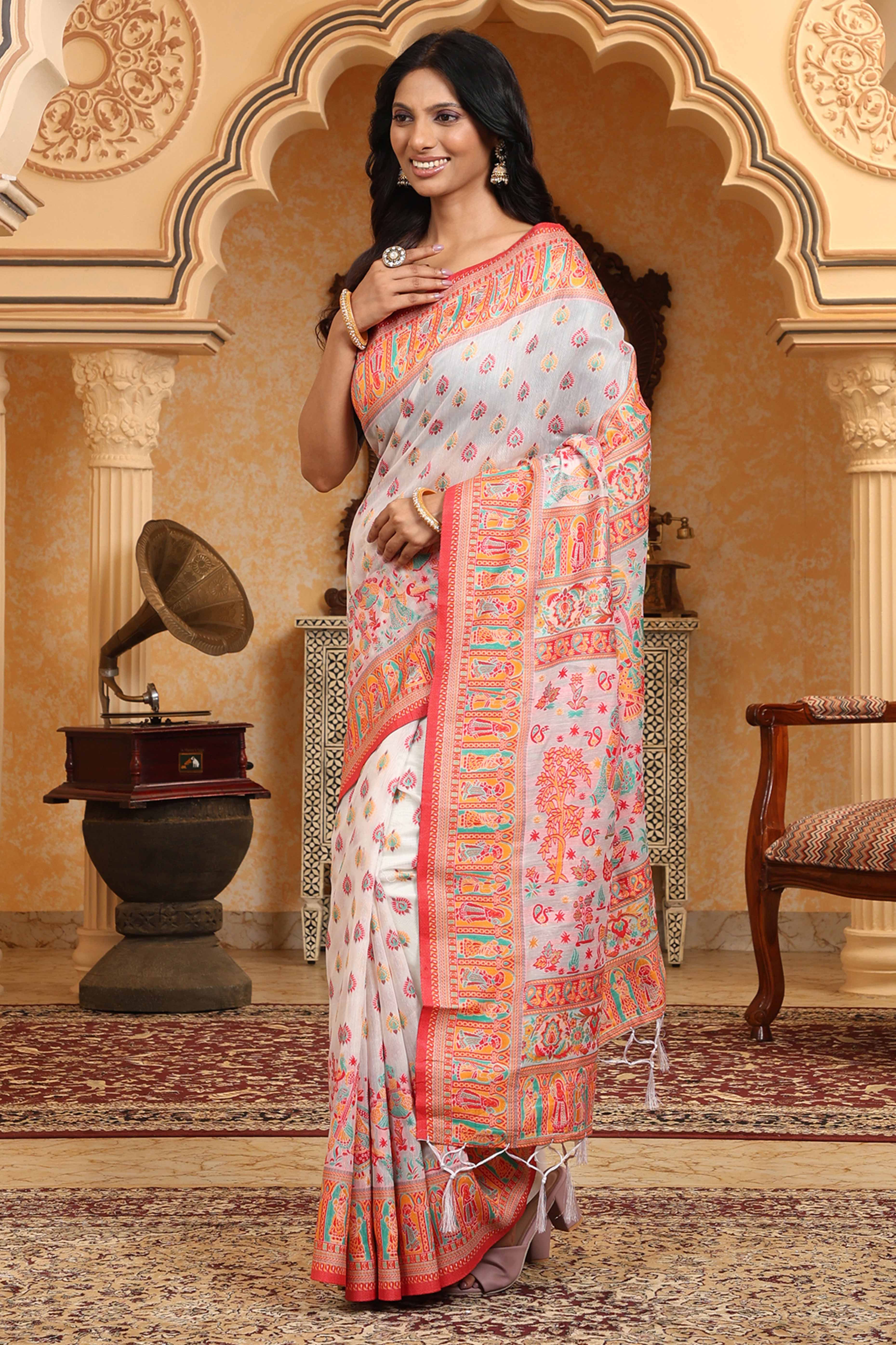 White With Multicolor Linen Cotton Silk Saree Enhanced Floral Zari Weaving & Tasselled Pallu