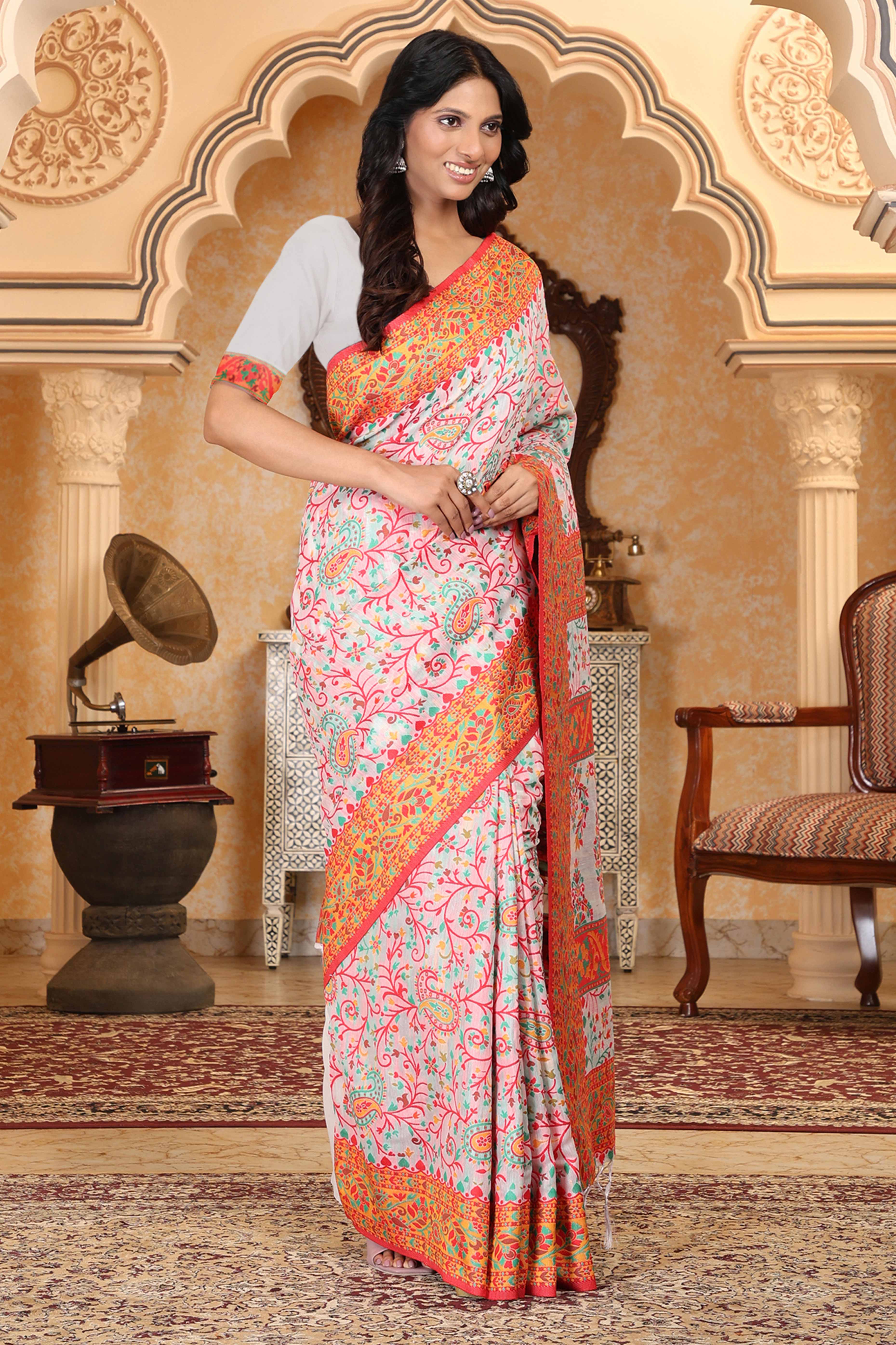 White With Multicolor Linen Cotton Silk Saree Enhanced Floral Zari Weaving & Tasselled Pallu