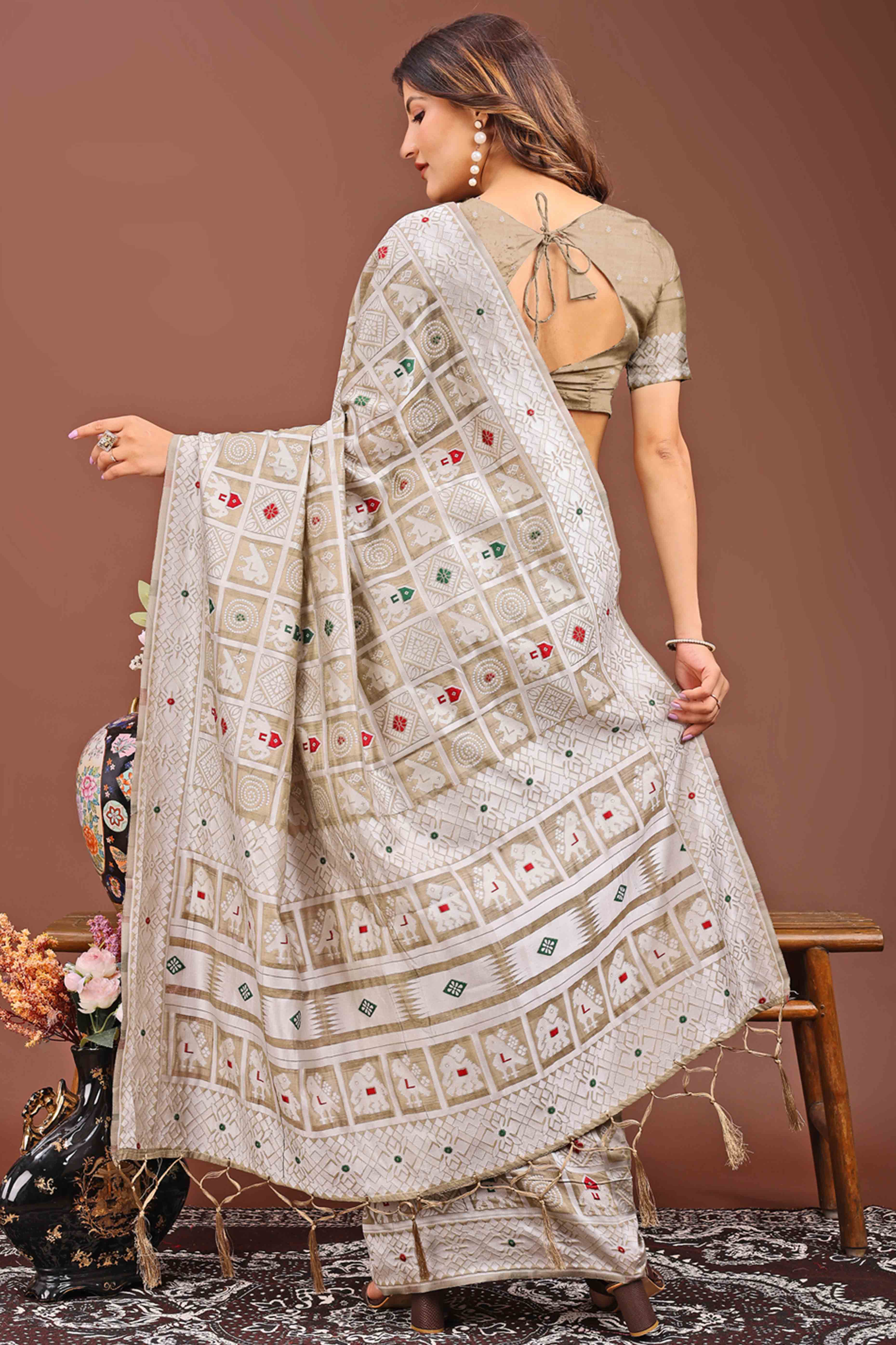 Brown Linen Cotton Saree Adorned With Zari Weaving & Tassel pallu