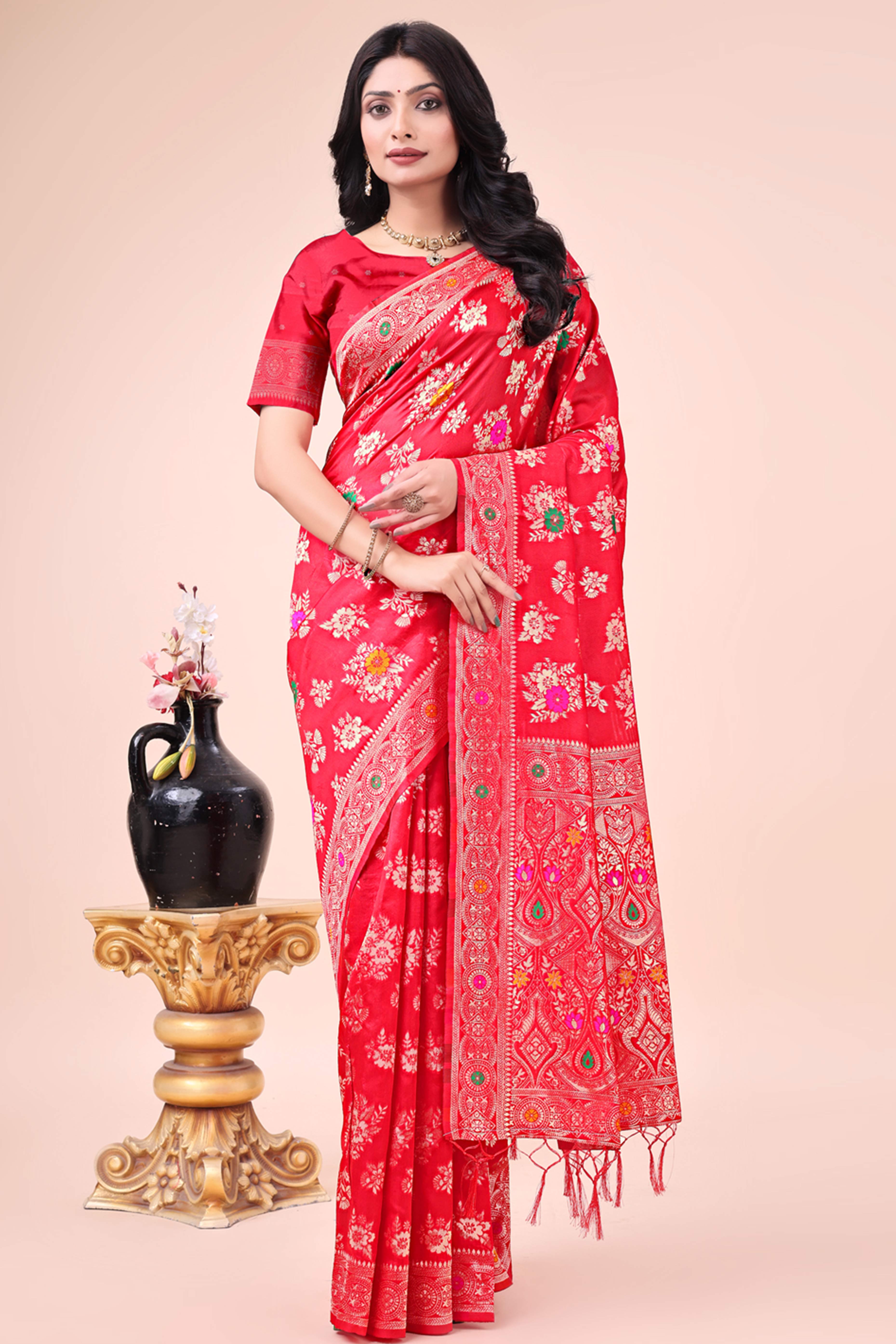 Red Banarasi Silk Saree With Intricate Floral Weave & Elegant Tassel Accents