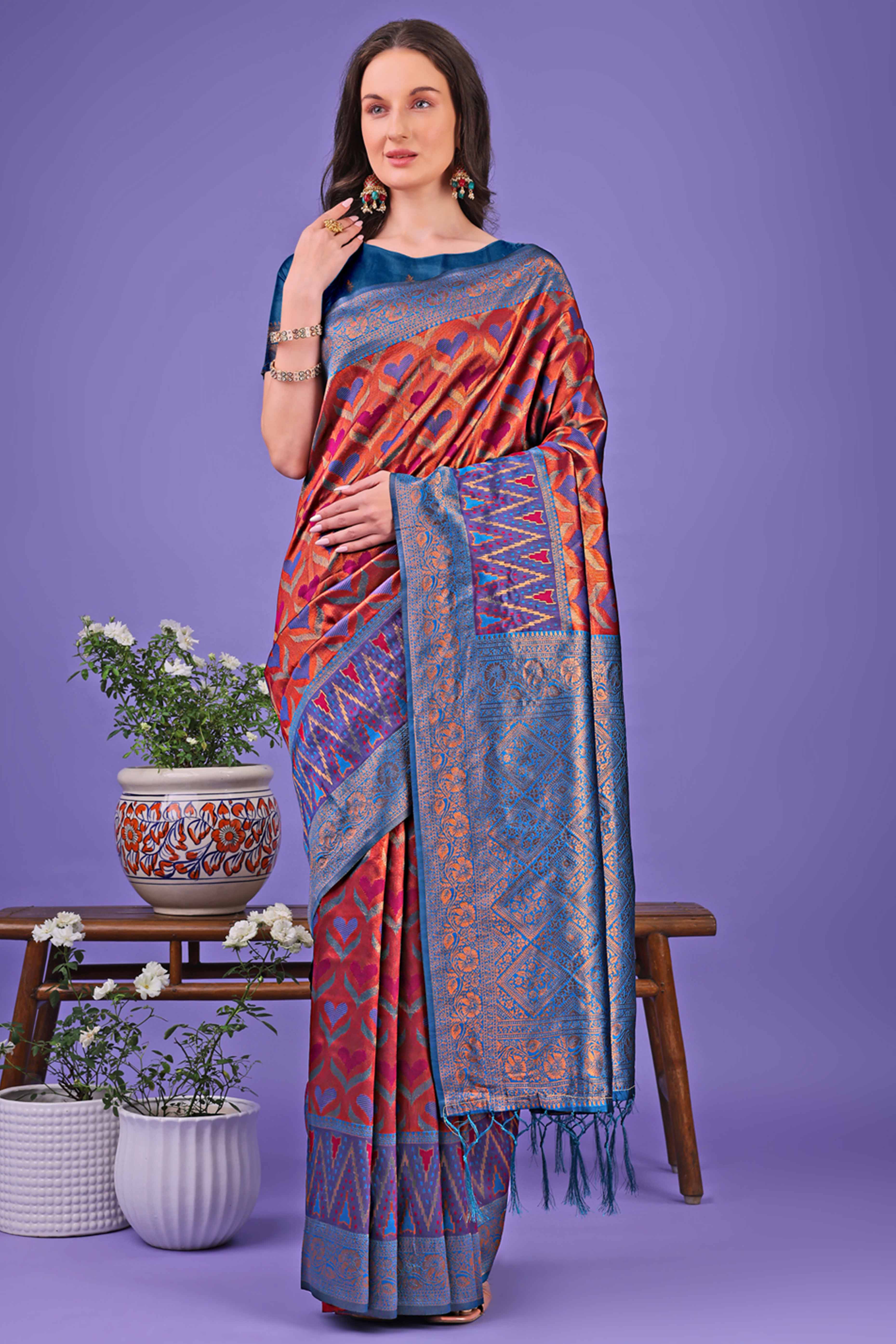 Rust Heart Motif Zari Woven Lichi Cotton Silk Saree With Flowing Tassels