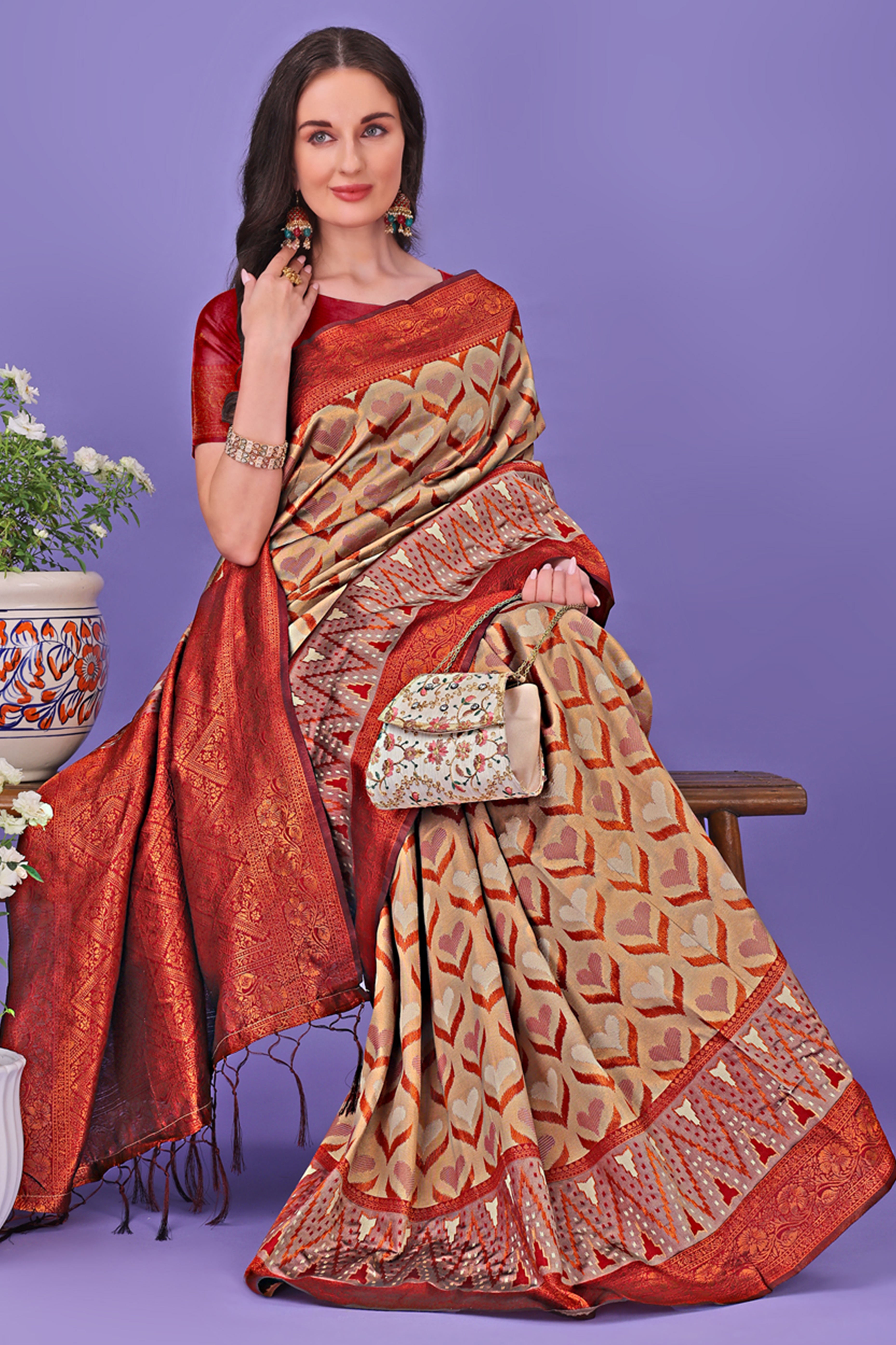 Chikoo Heart Motif Zari Woven Lichi Cotton Silk Saree With Flowing Tassels