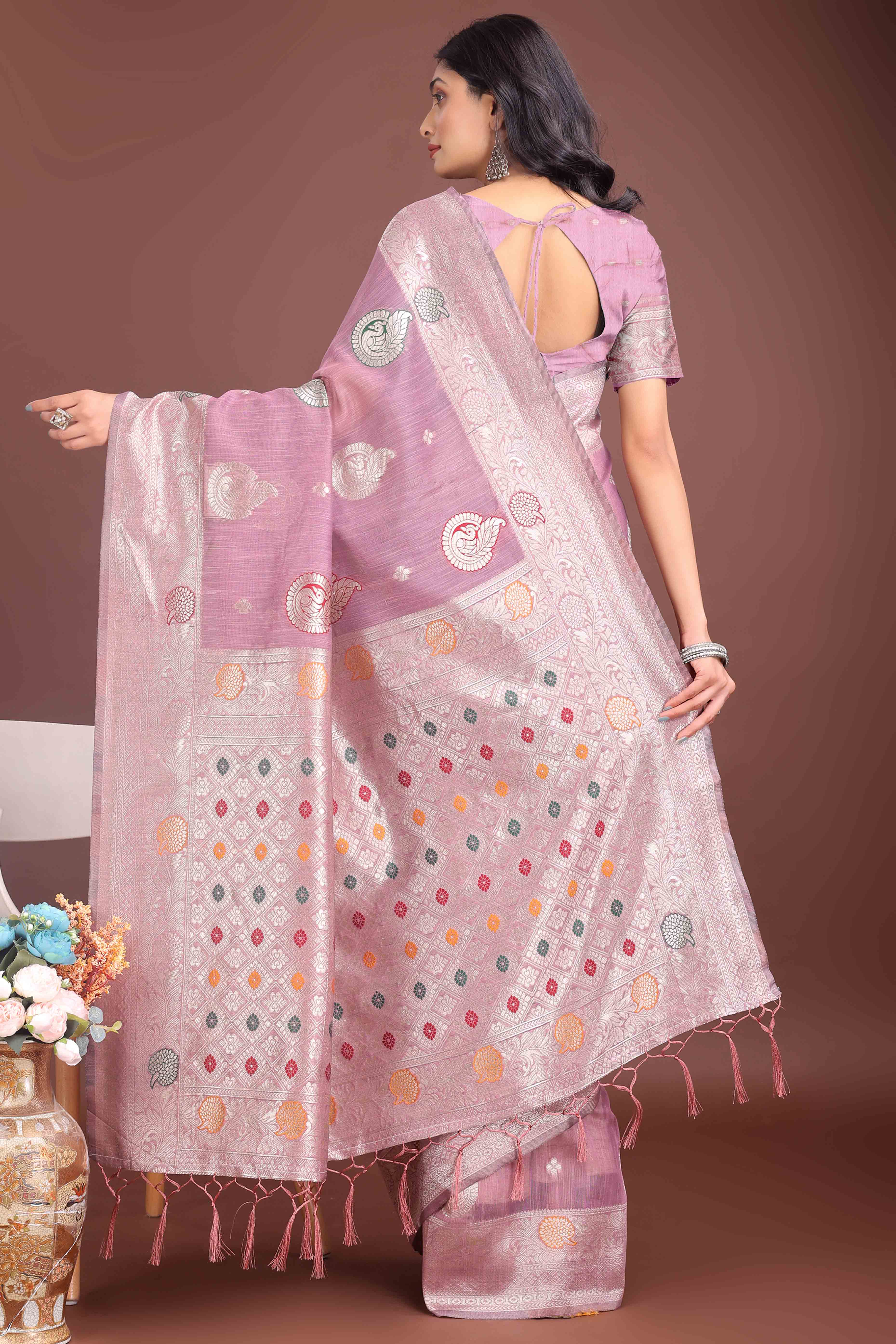 Purple Lichi Cotton Blend Saree With Zari Floral Weaving & Tassel Detailing