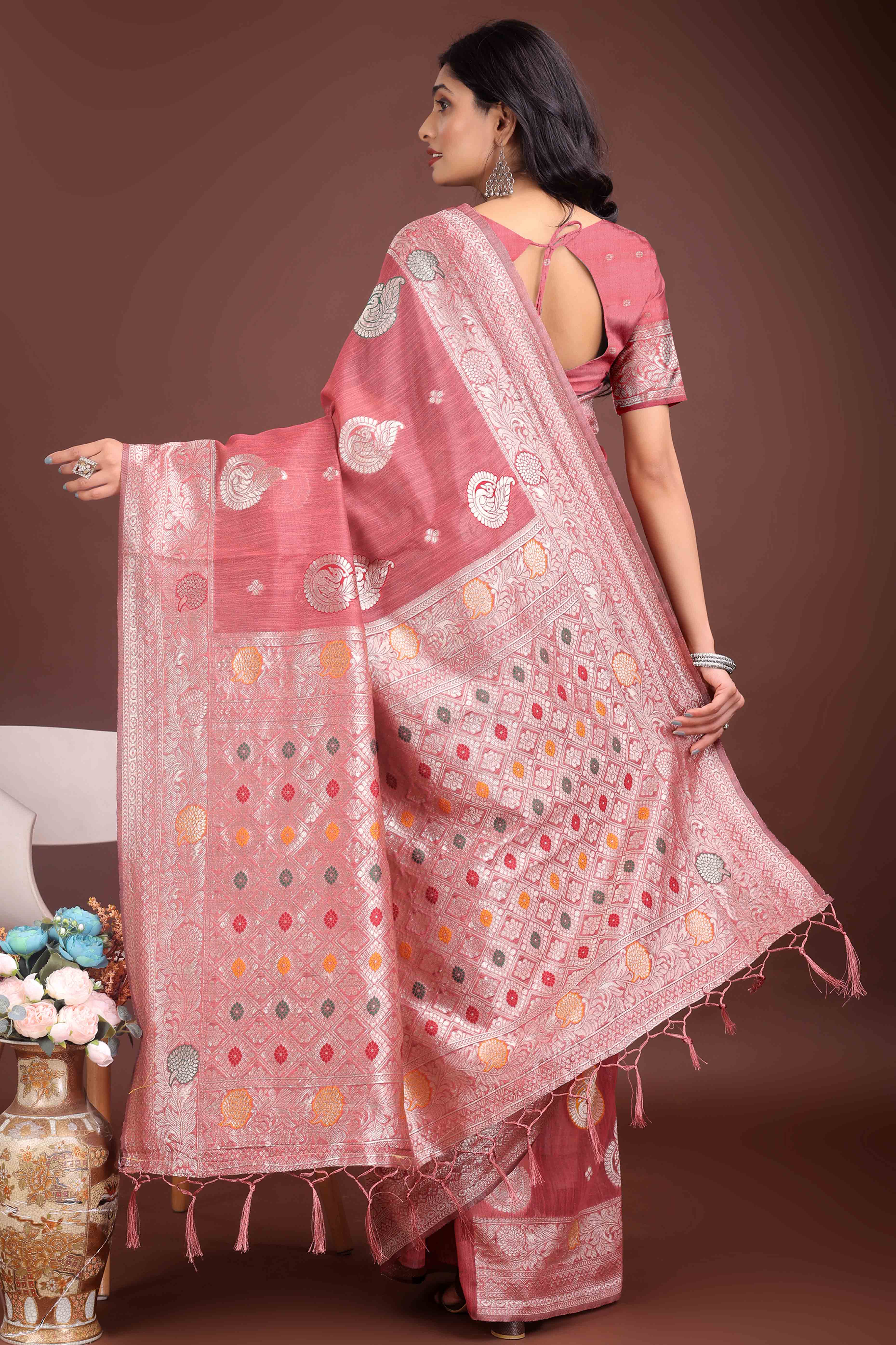 Dark Coral Pink Lichi Cotton Blend Saree With Zari Floral Weaving & Tassel Detailing