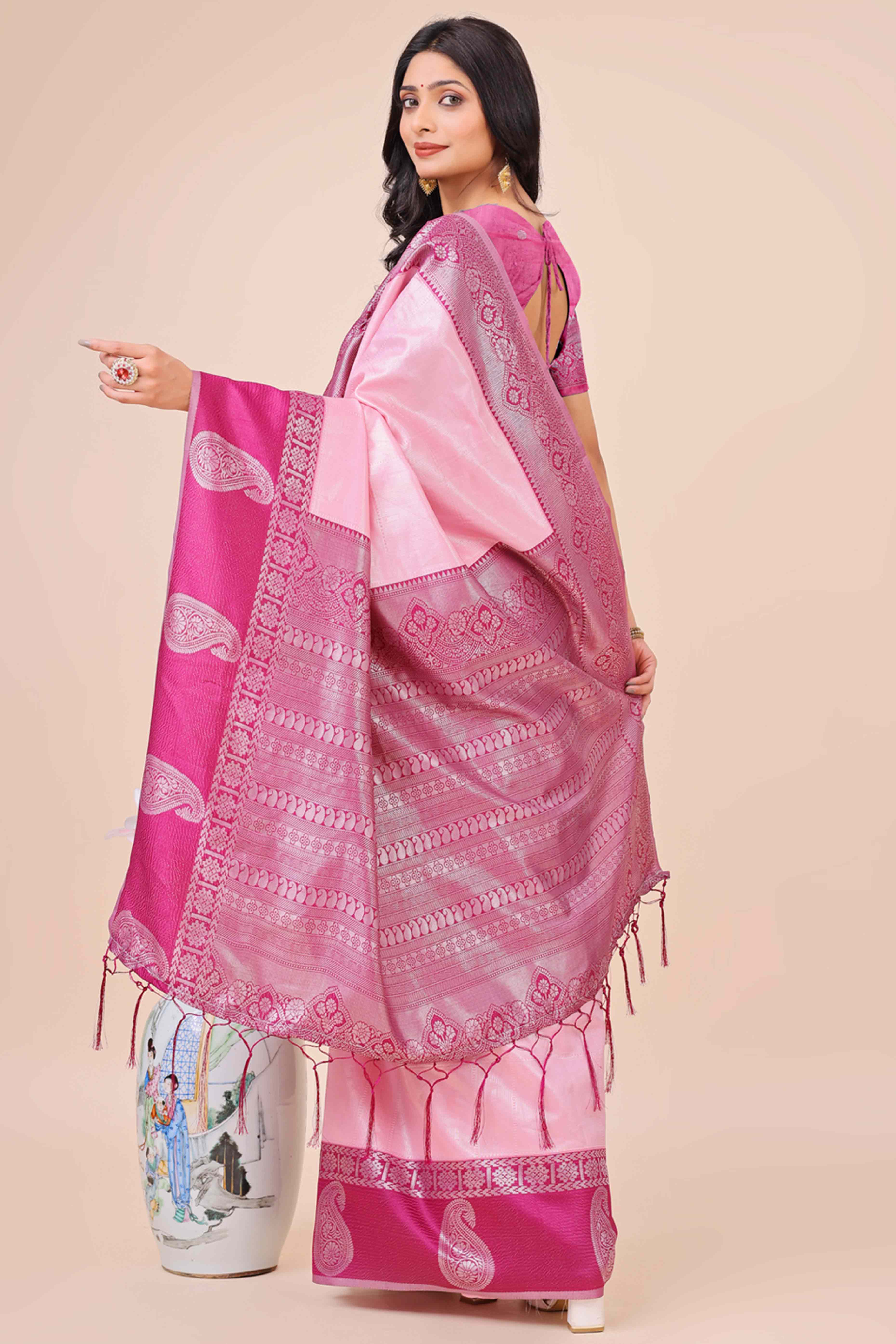 Light Pink Lichi Silk Blend Saree With Intricate Paisley Zari Weave & Graceful Tassels