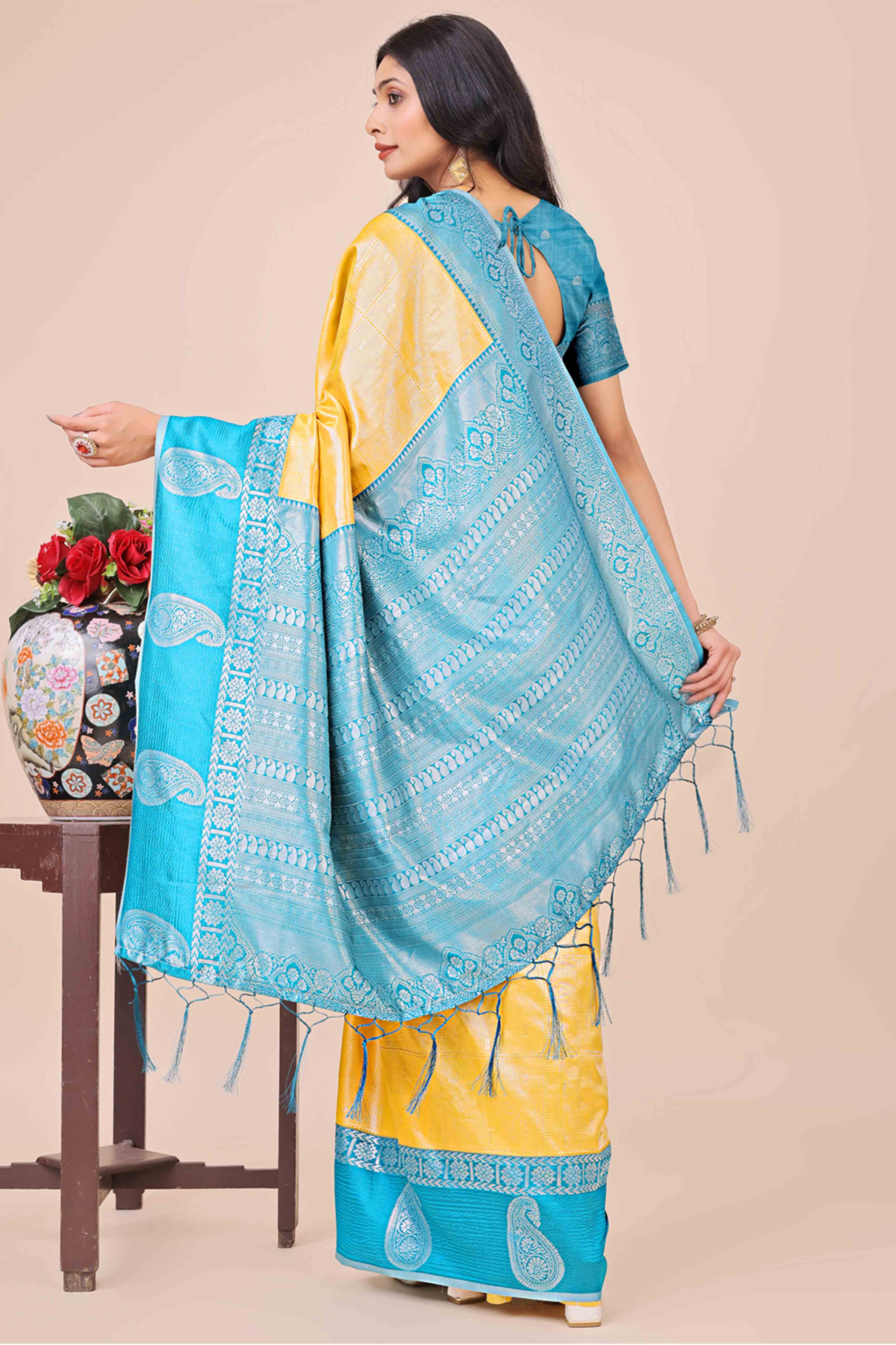 Yellow Lichi Silk Blend Saree With Intricate Paisley Zari Weave & Graceful Tassels