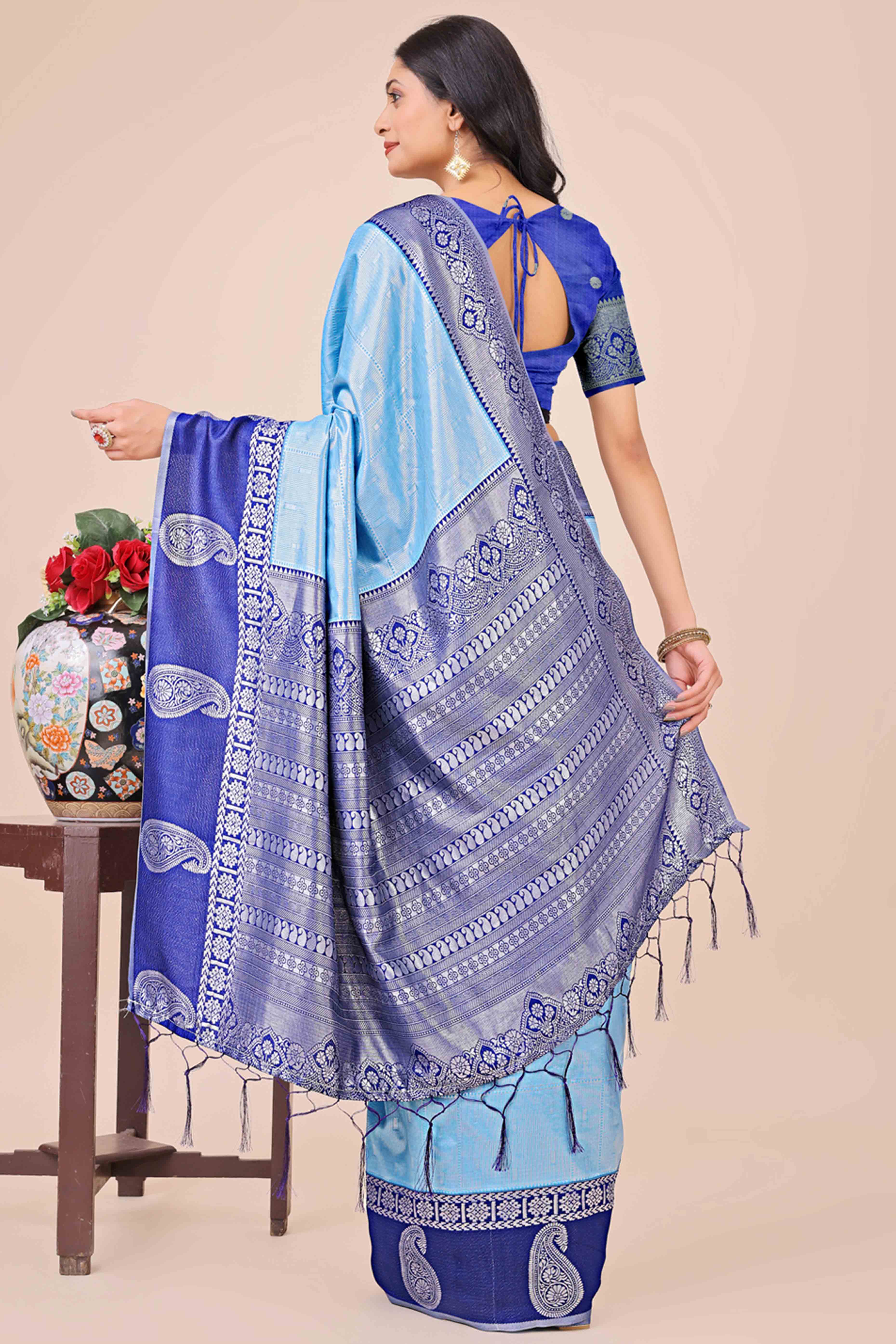 Sky Blue Lichi Silk Blend Saree With Intricate Paisley Zari Weave & Graceful Tassels