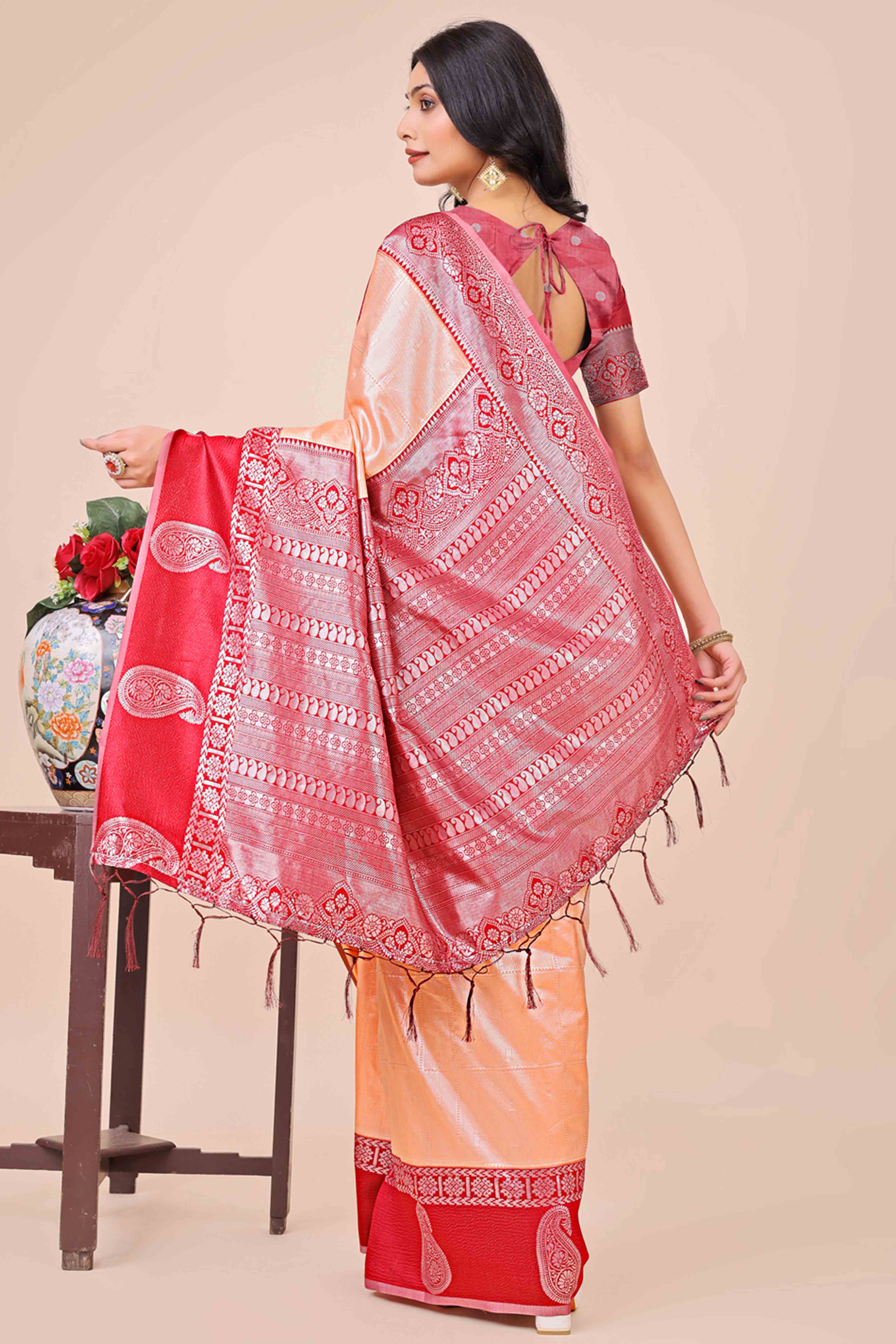 Peach Lichi Silk Blend Saree With Intricate Paisley Zari Weave & Graceful Tassels