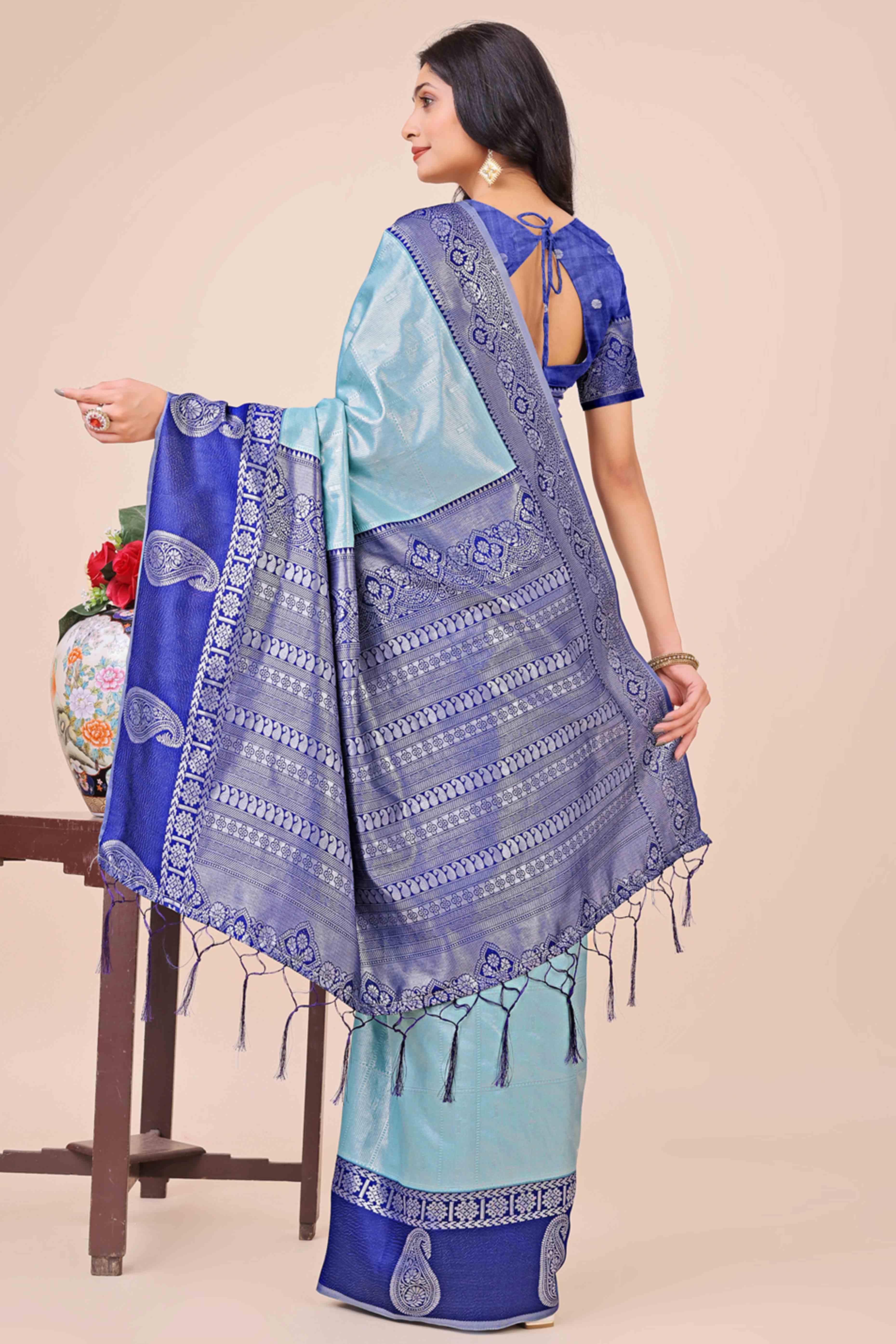 Light Blue Lichi Silk Blend Saree With Intricate Paisley Zari Weave & Graceful Tassels