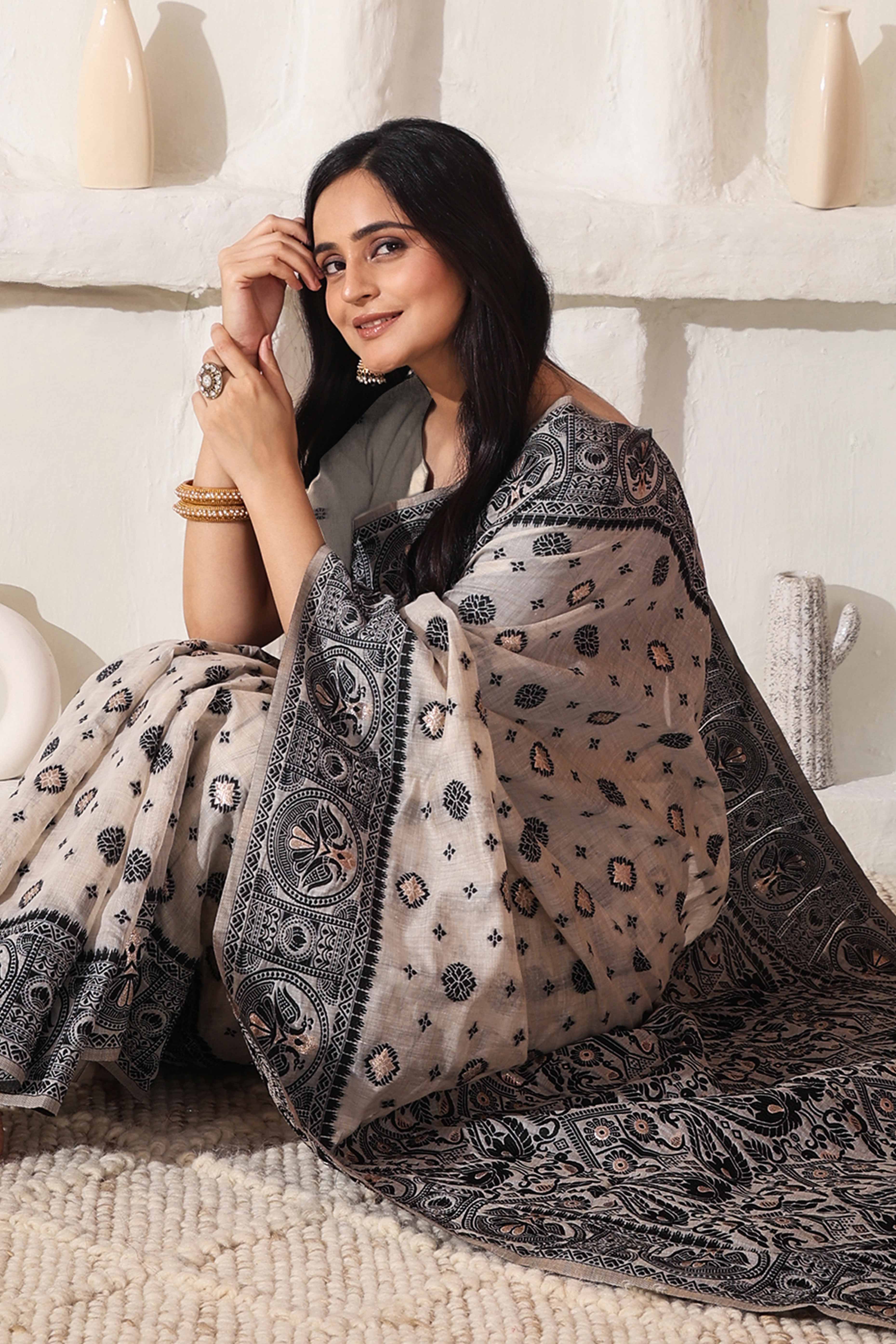 Cream & Black Saree In Linen Cotton With Traditional Zari Woven Detailing And Tassel Pallu