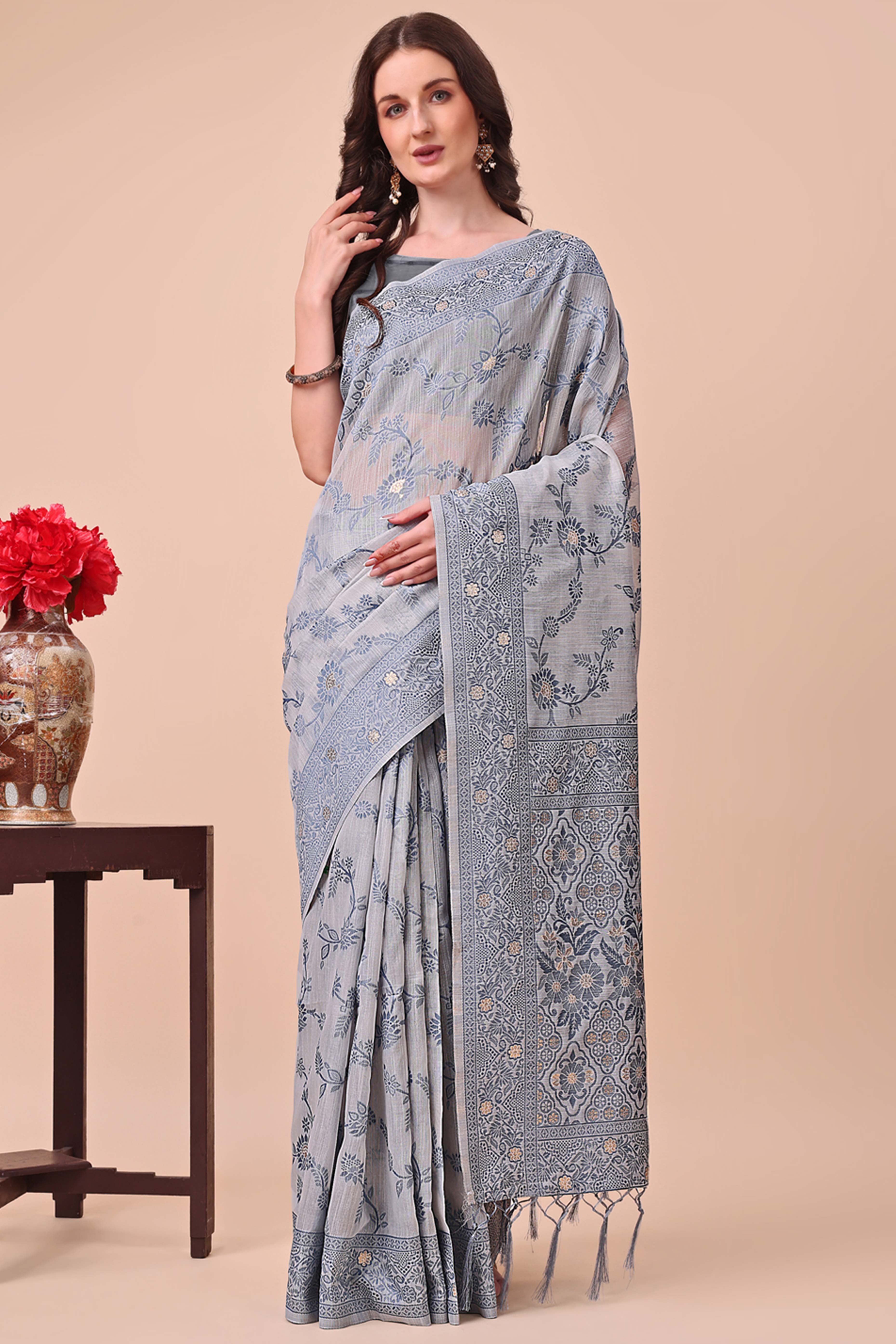Grey Floral Zari Woven Cotton Blend Saree With Delicate Tassel Detailing