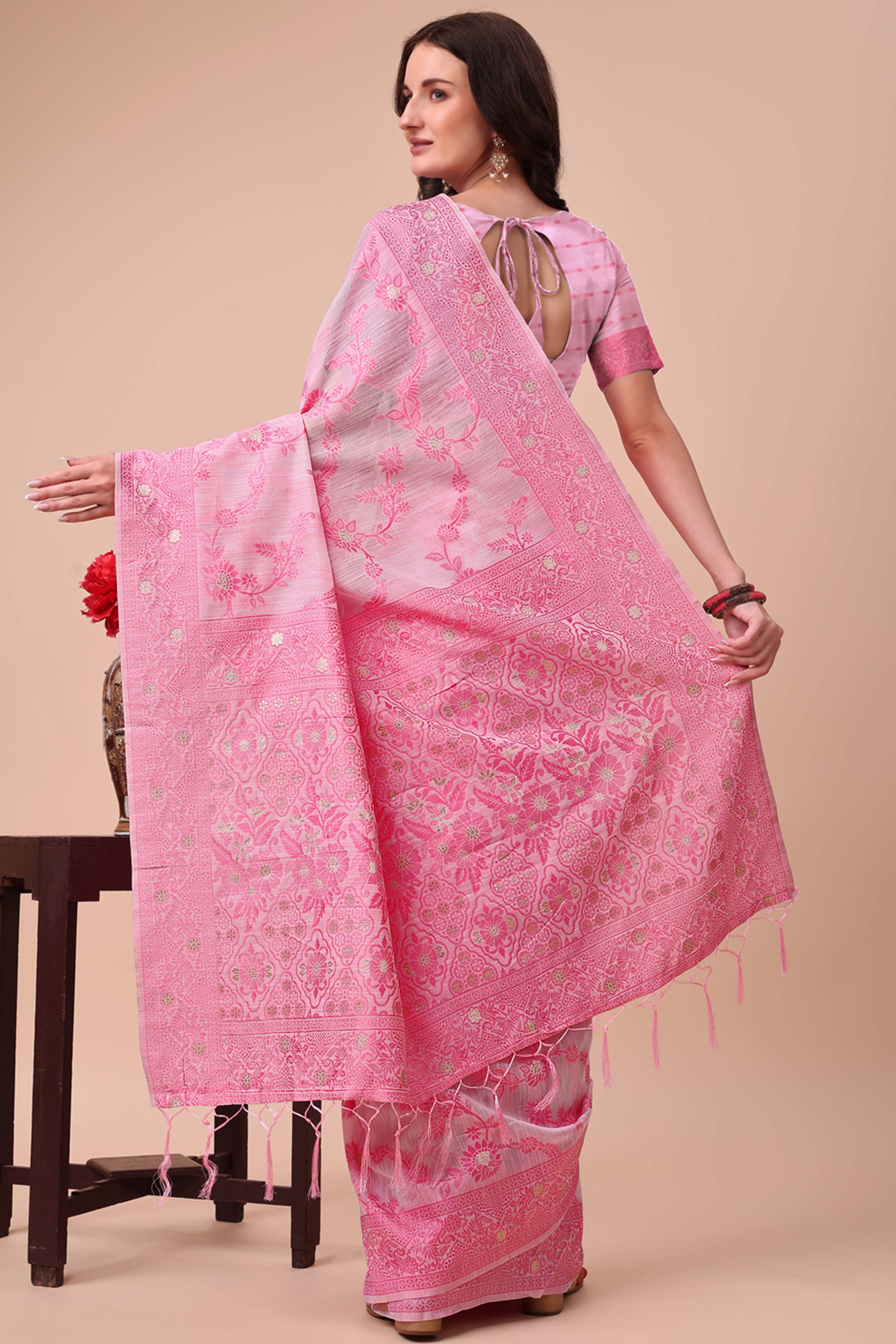 Pink Floral Zari Woven Cotton Blend Saree With Delicate Tassel Detailing