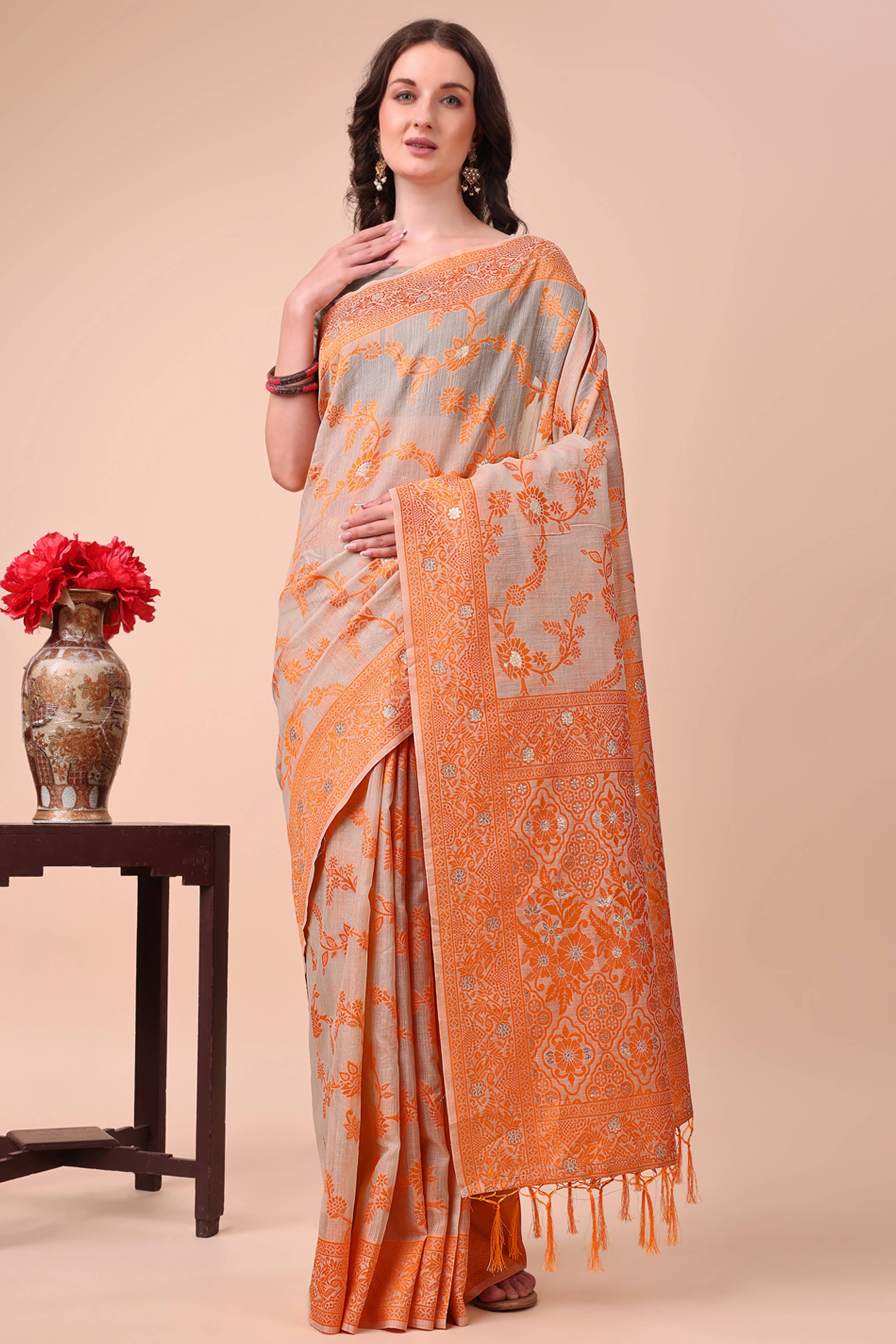 Orange Floral Zari Woven Cotton Blend Saree With Delicate Tassel Detailing