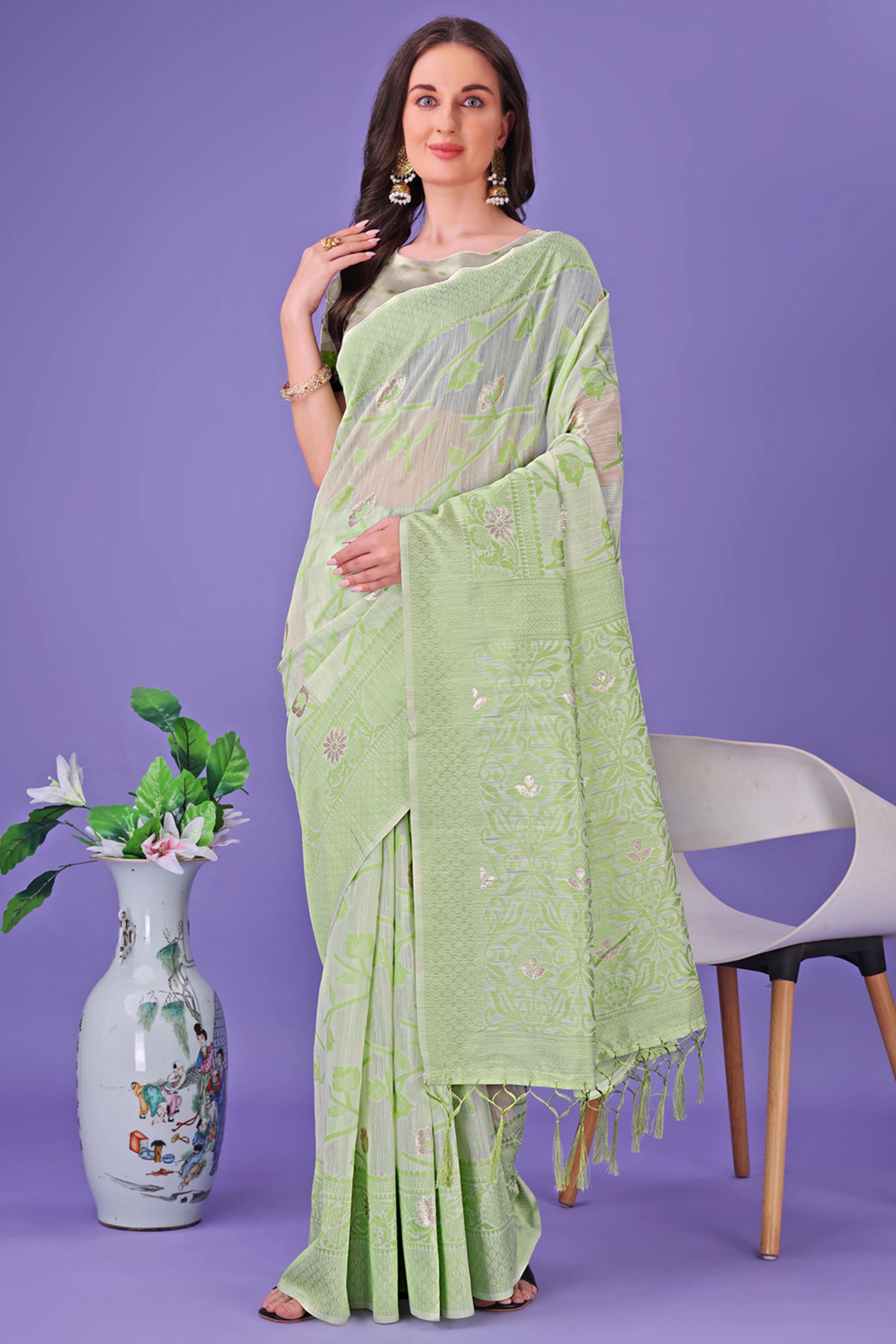 Light Green Floral Pattern Woven Saree in a Soft Cotton Blend with Tasseled Edges