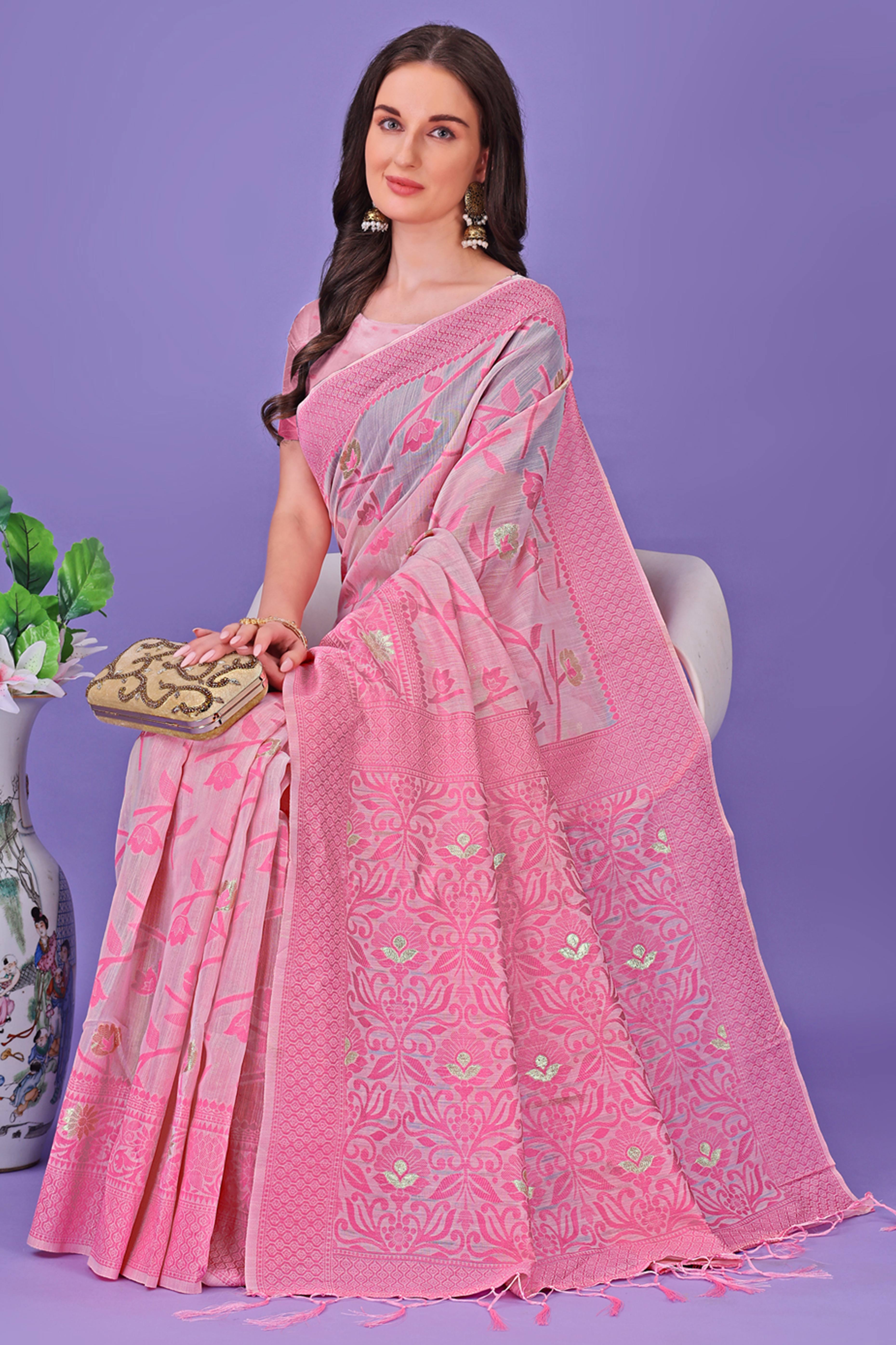 Light Pink Floral Pattern Woven Saree in a Soft Cotton Blend with Tasseled Edges