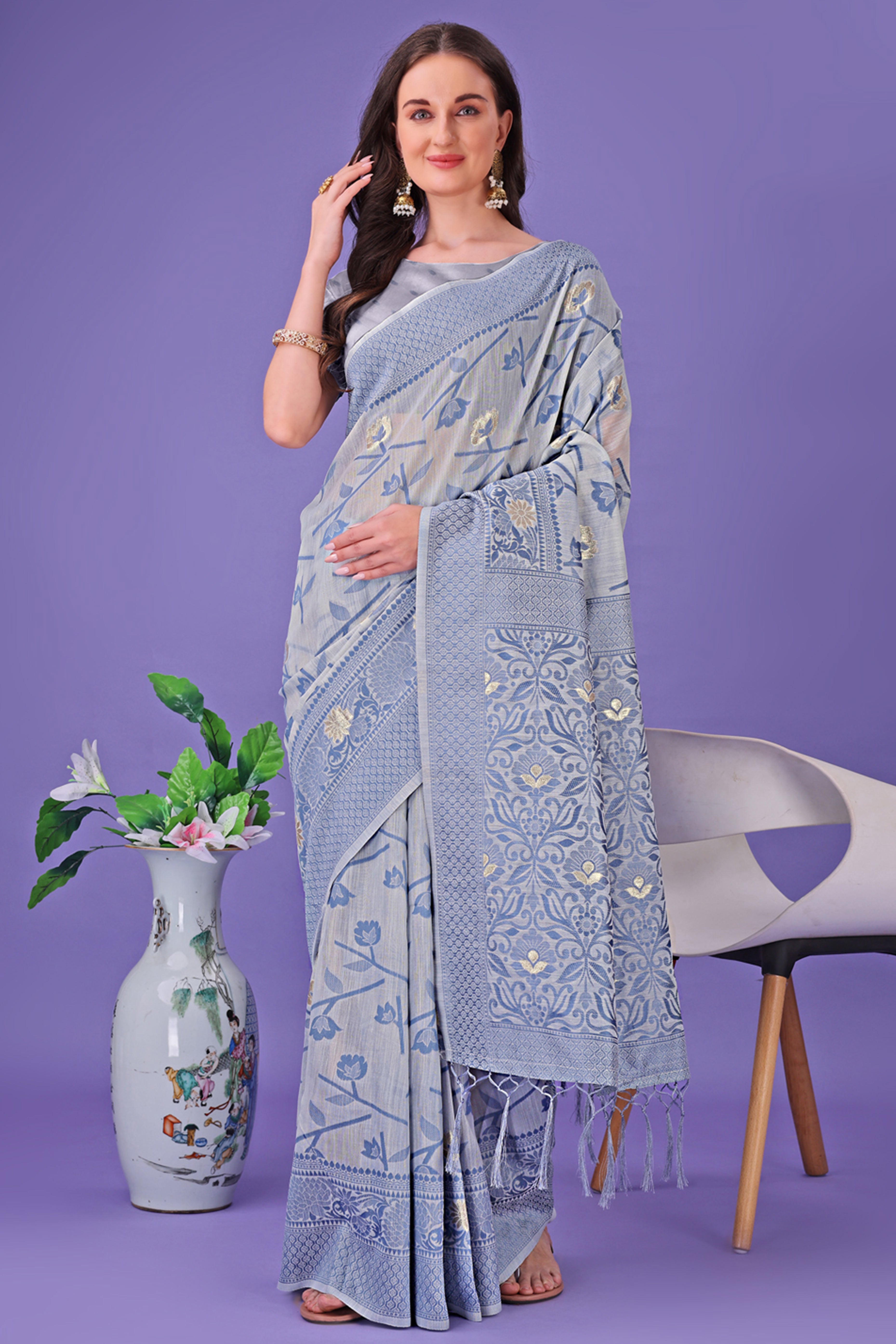 Grey Floral Pattern Woven Saree in a Soft Cotton Blend with Tasseled Edges