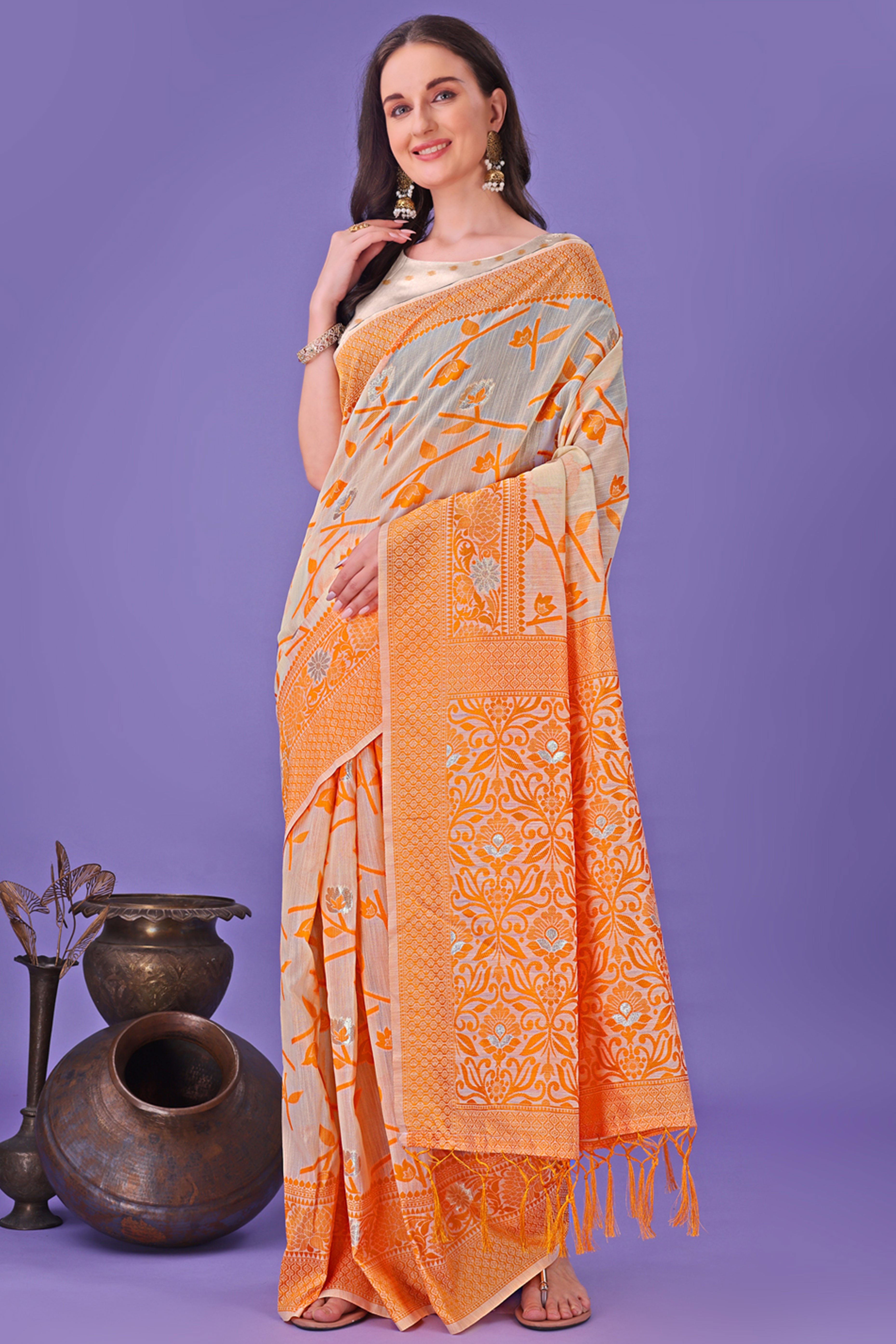 Orange Floral Pattern Woven Saree in a Soft Cotton Blend with Tasseled Edges