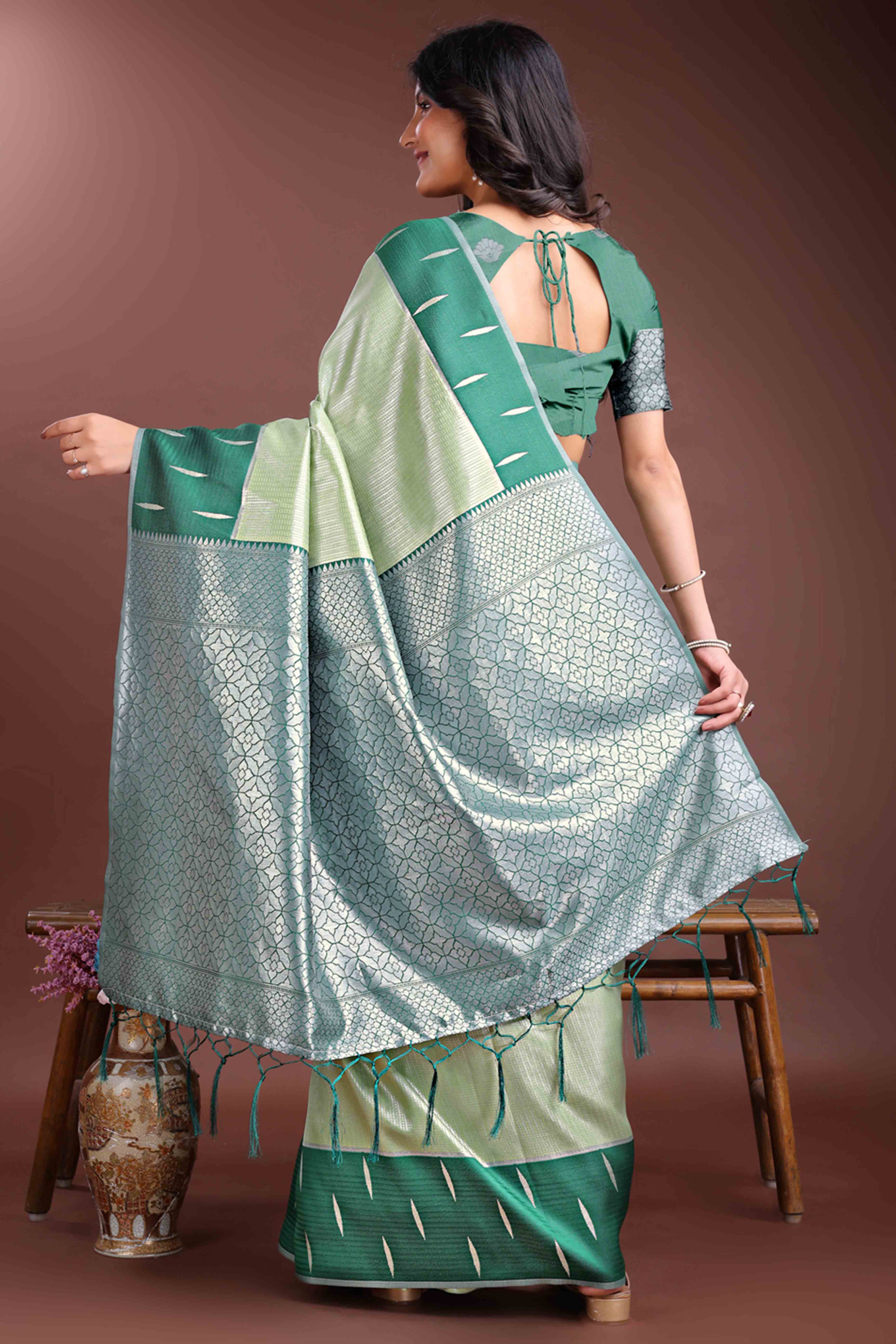 Soothing Light Green Zari Weaving Silk Blend Saree of Natural Harmony