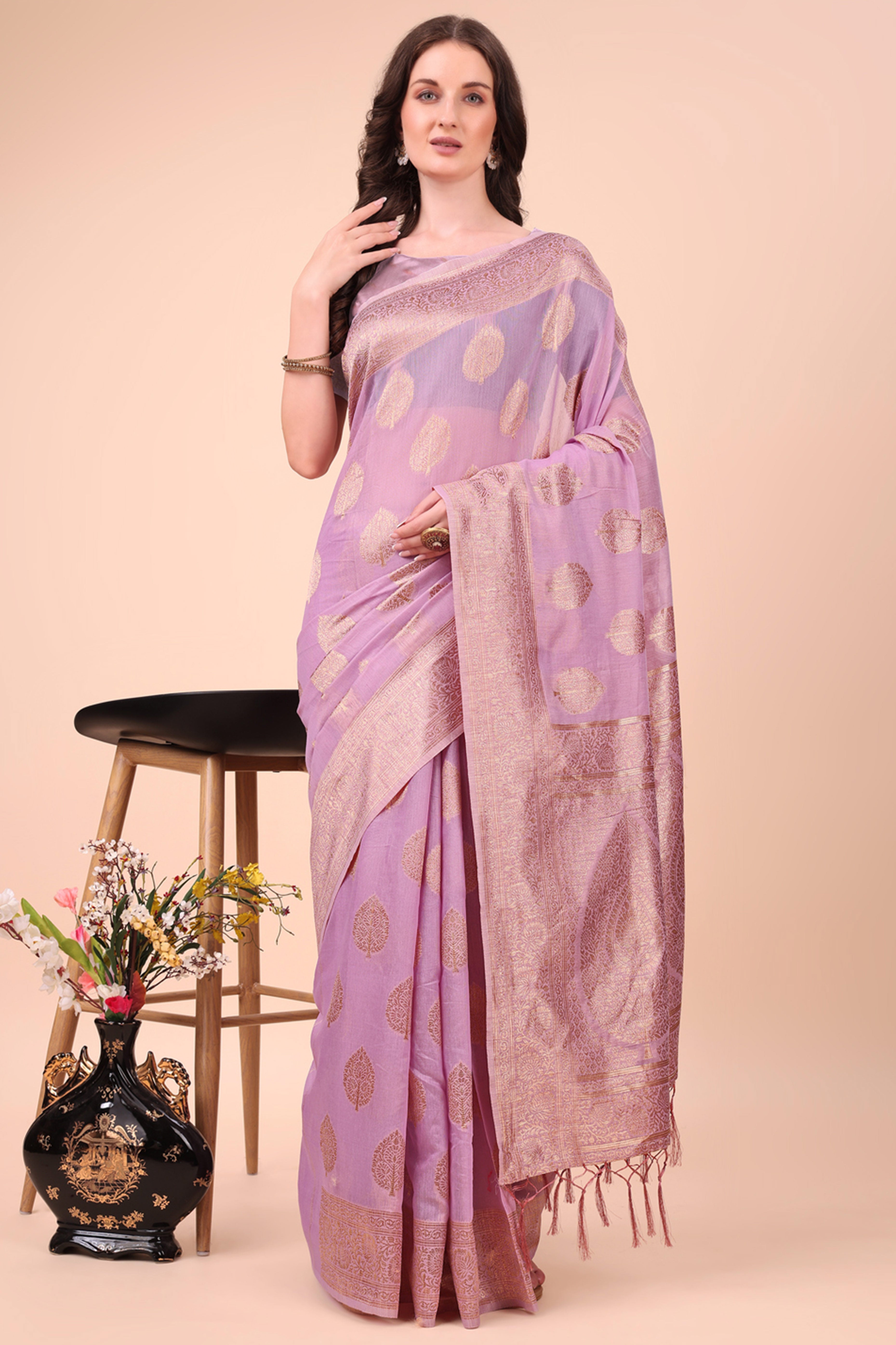 Lavender Cotton Blend Saree With Intricate Floral Zari Weaving & Elegant Tassel Accents