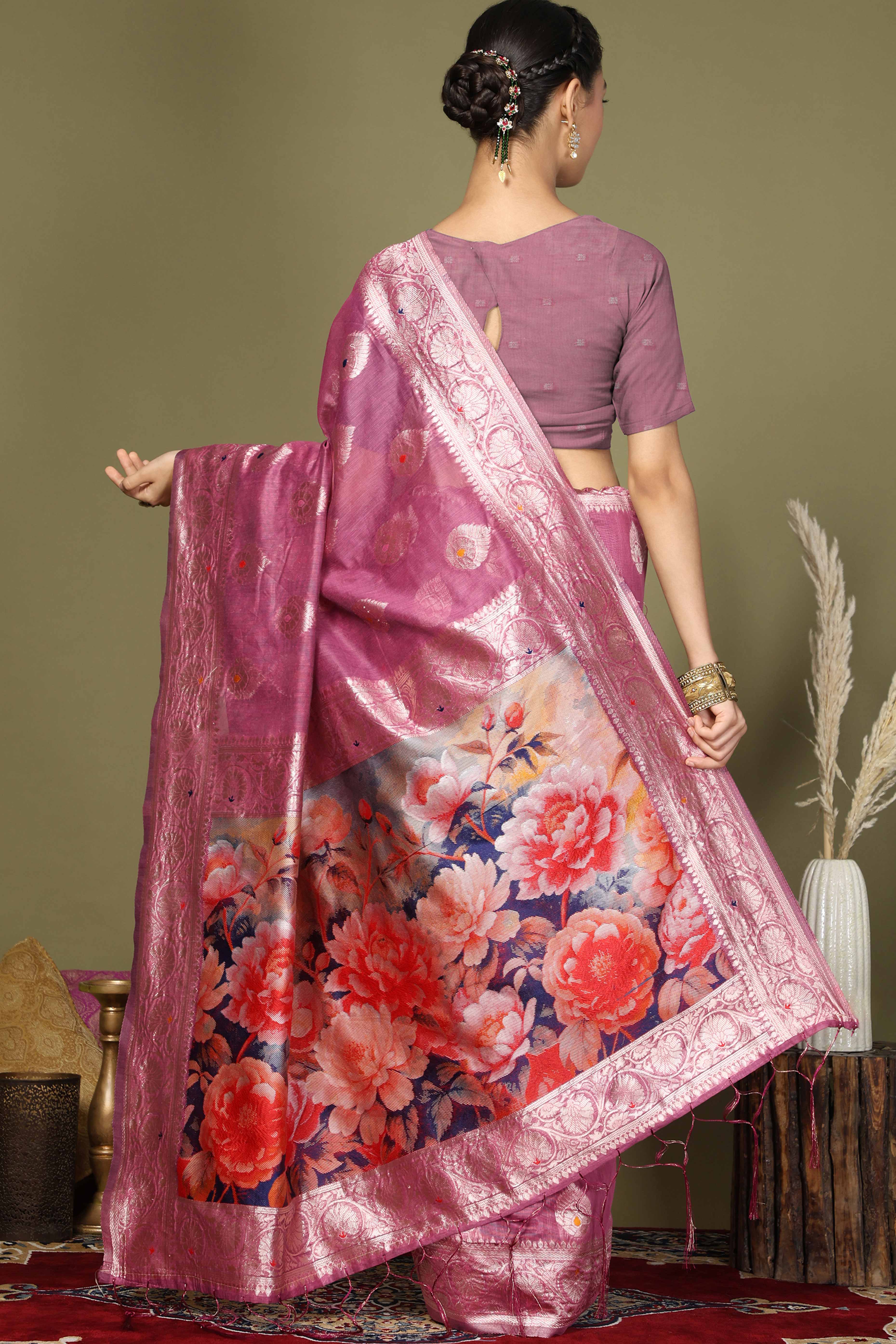 Onion Pink Saree In Linen Cotton Featuring Floral Zari Weaving & Digital Printed Pallu