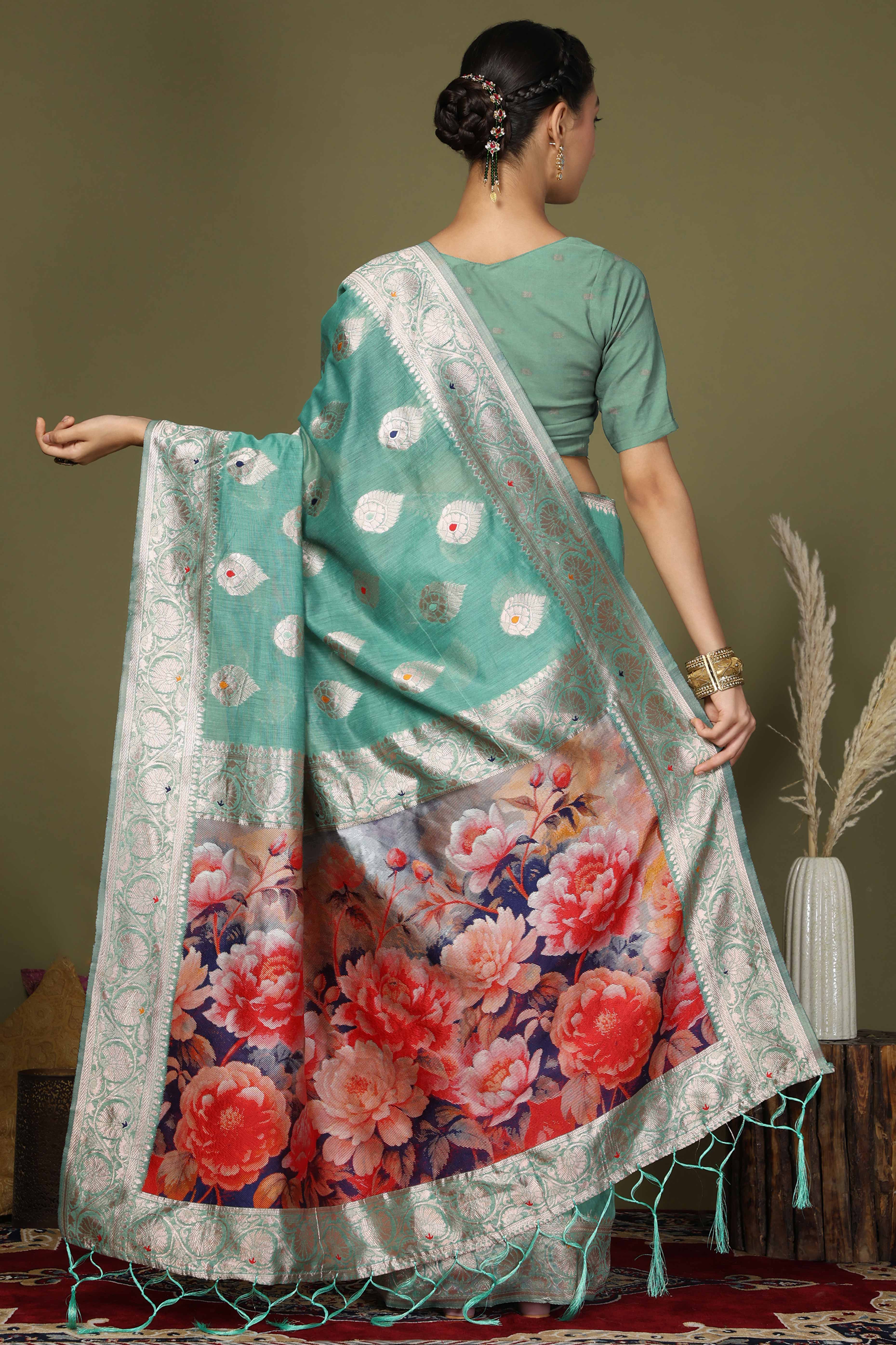 Turquoise Saree In Linen Cotton Featuring Floral Zari Weaving & Digital Printed Pallu