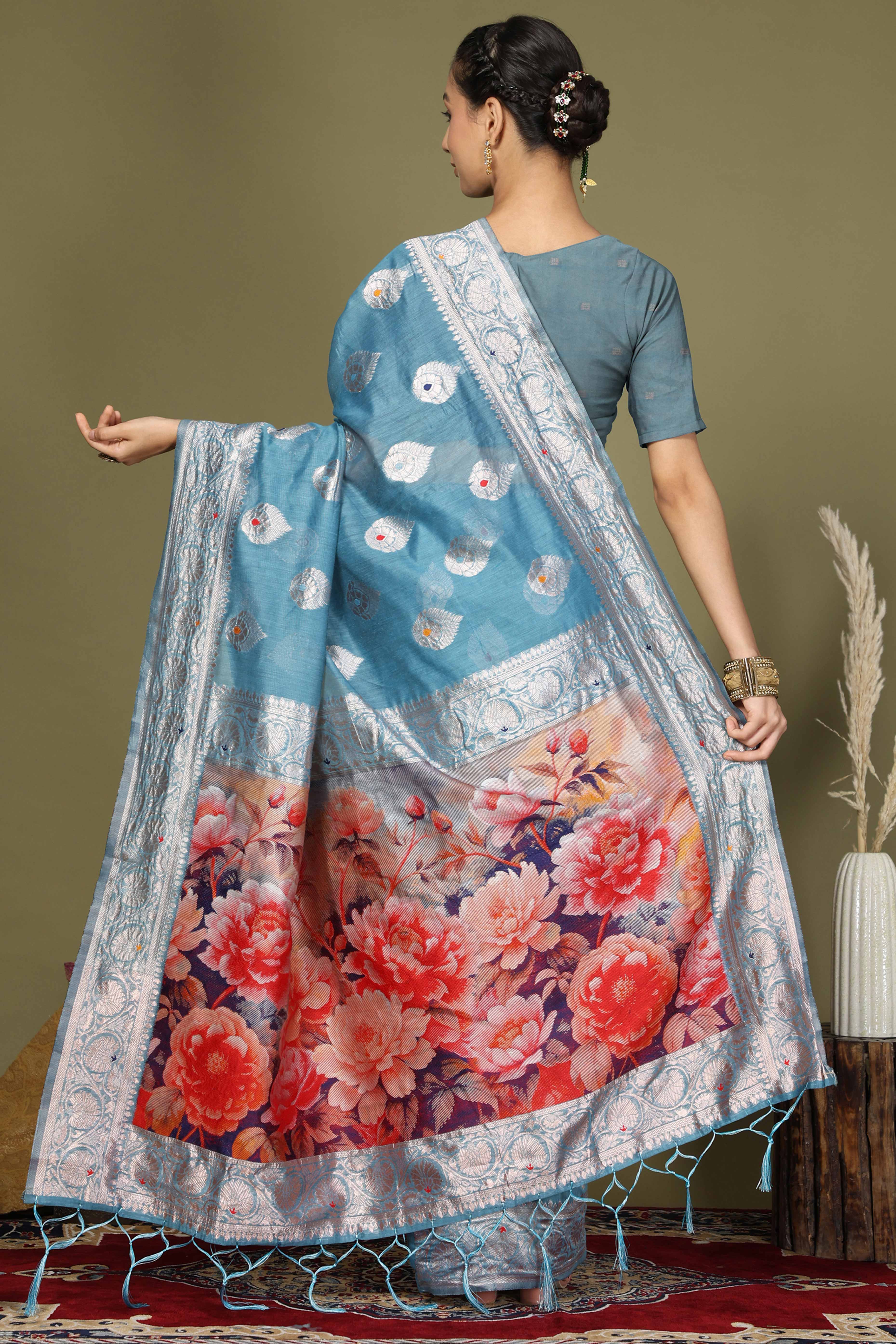Blue Saree In Linen Cotton Featuring Floral Zari Weaving & Digital Printed Pallu