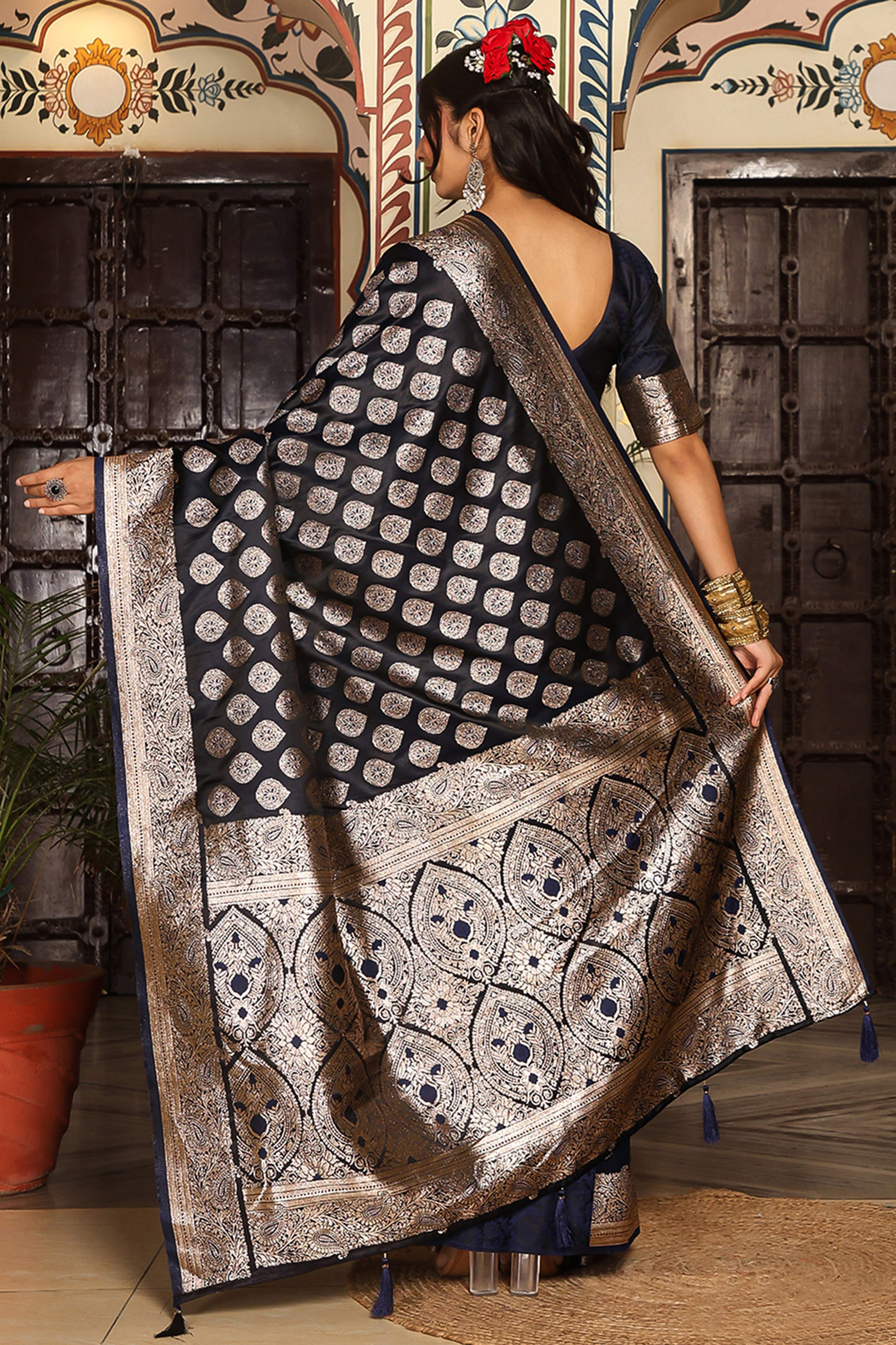 Festive Navy Blue Saree in Silk Blend with Exquisite Zari Weaving Work