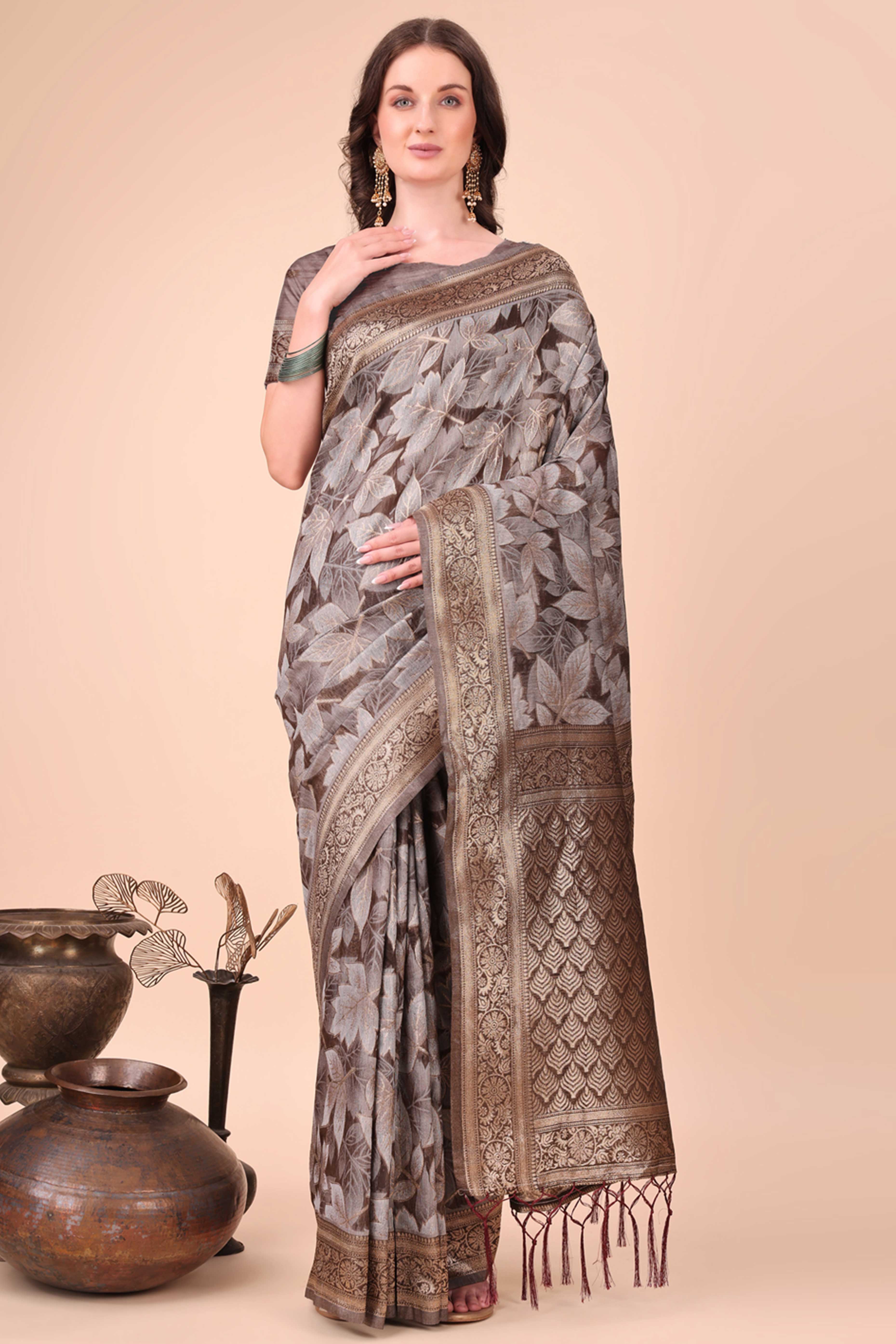 Brown Floral Zari Woven Cotton Blend Saree With Soft Tassel Edging