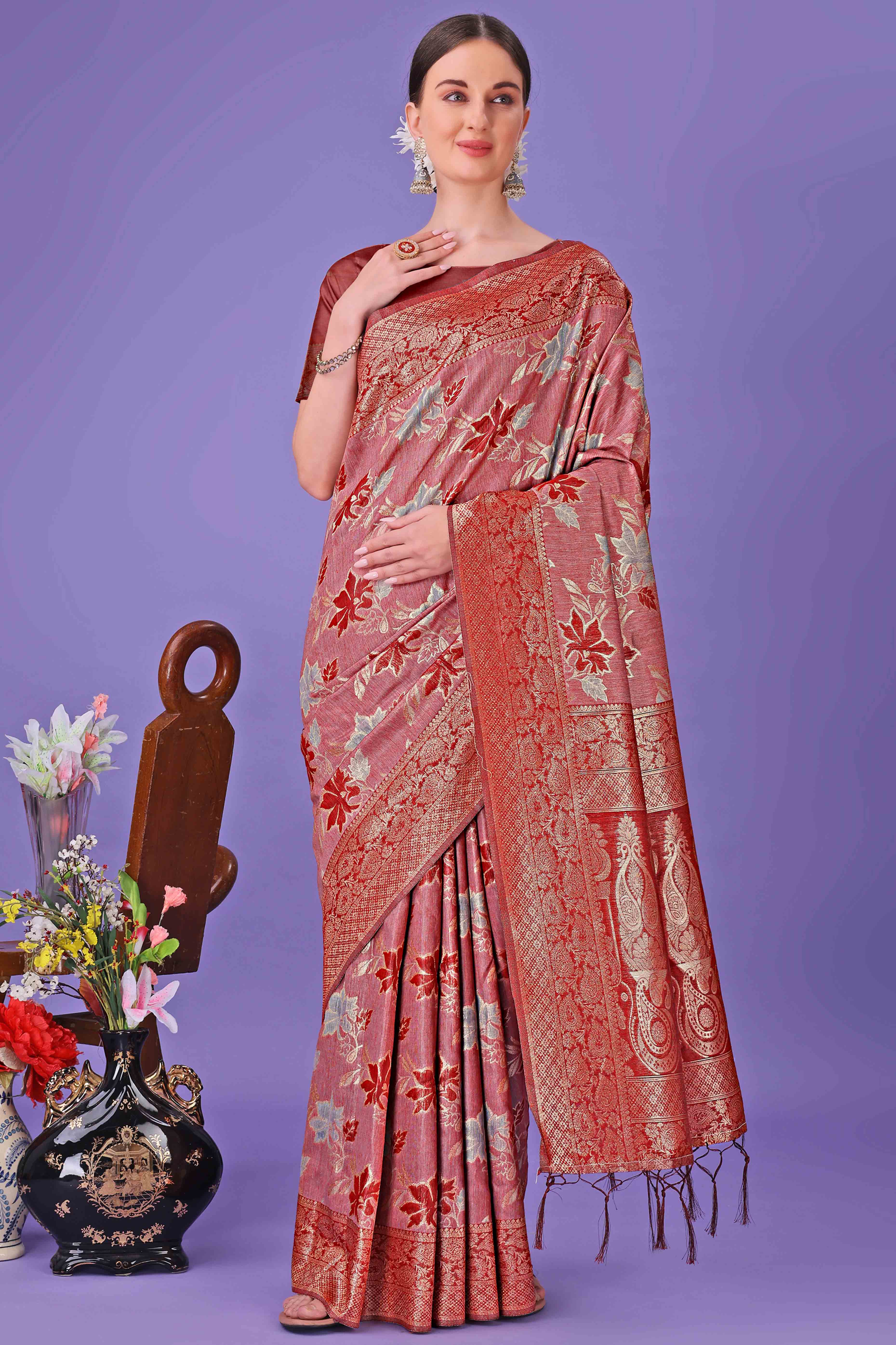 Red Floral Zari Woven Saree in a Lustrous Cotton Silk Blend