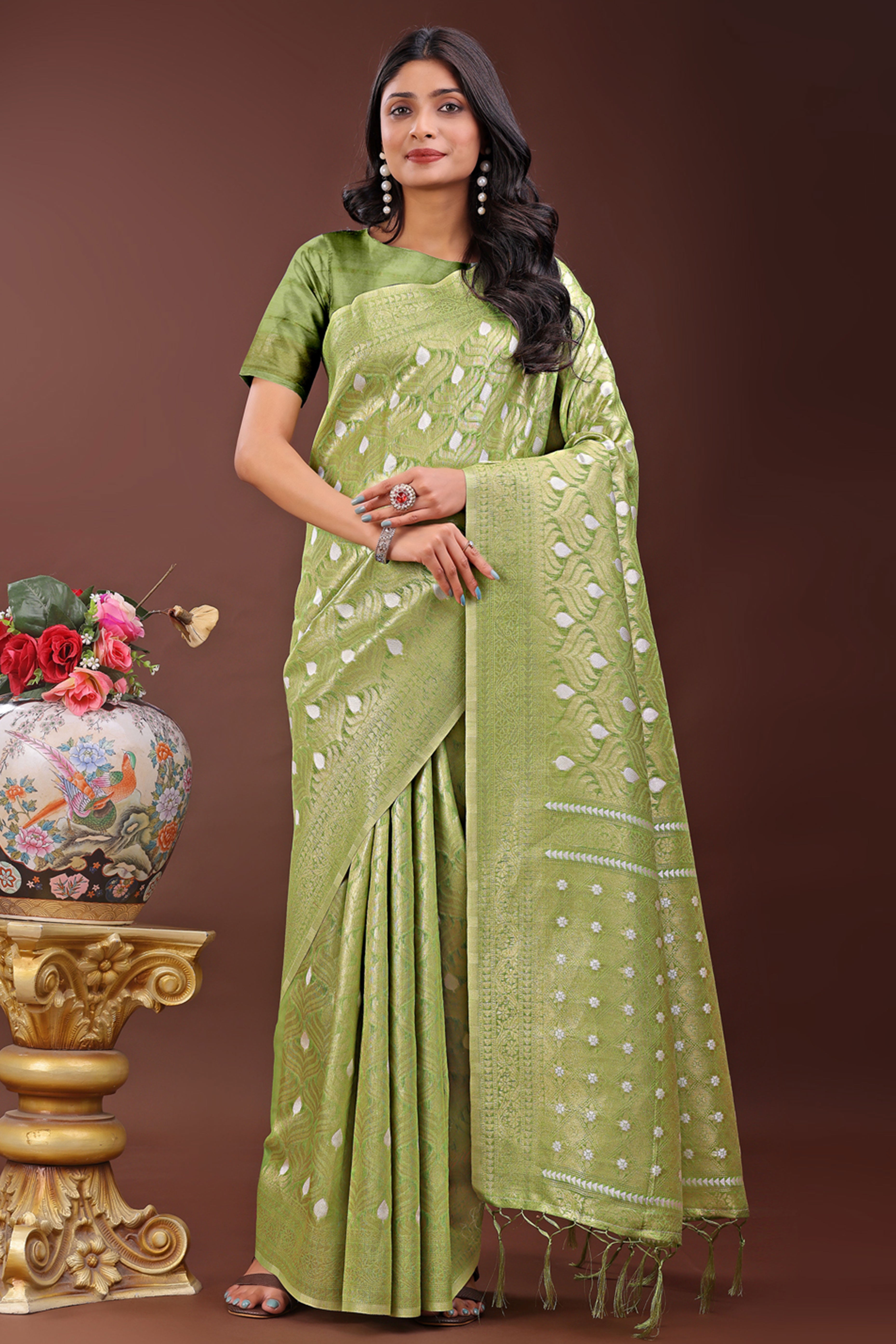 Green Zari Work Cotton Silk Saree Finished with Luxe Tassels