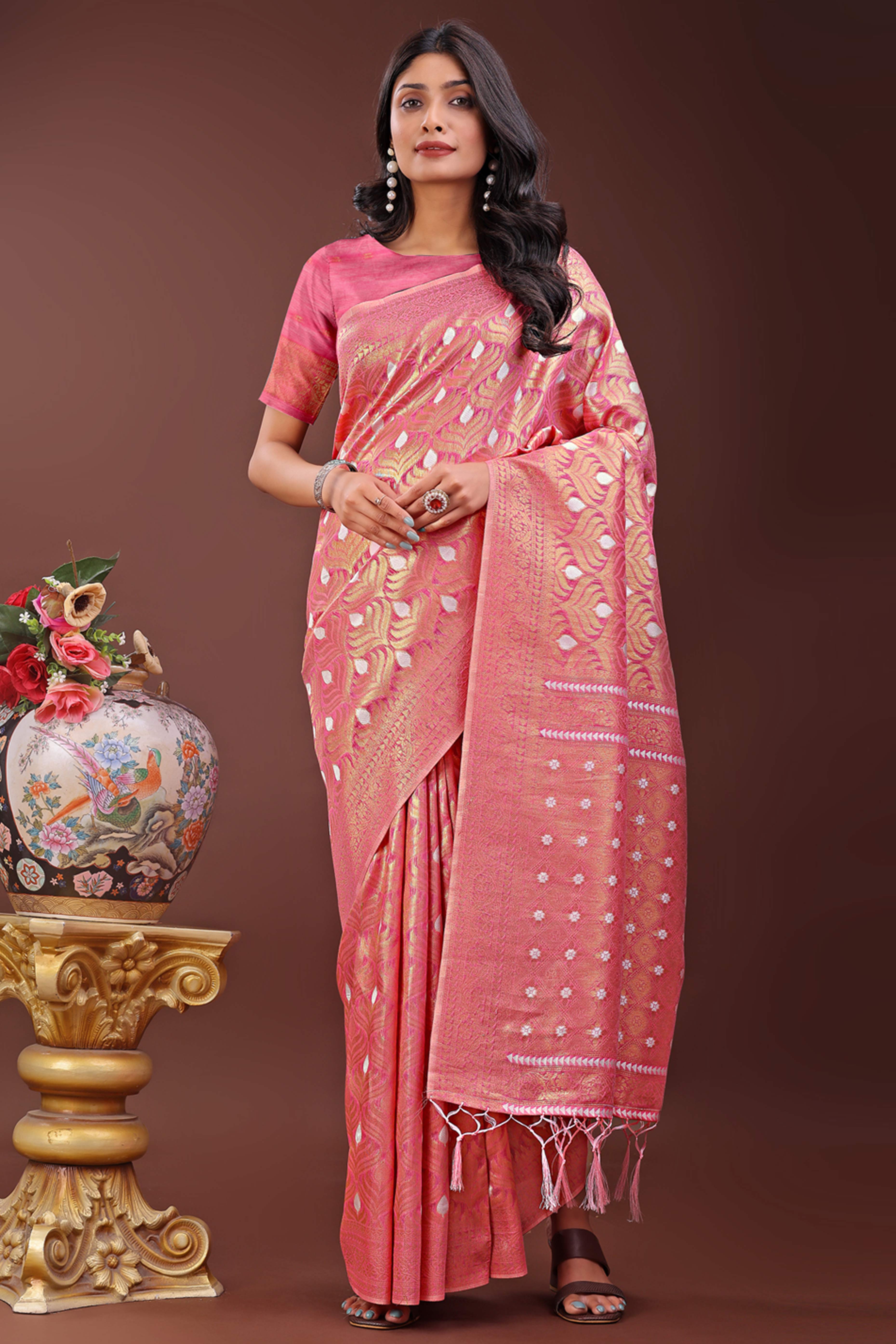 Pink Zari Work Cotton Silk Saree Finished with Luxe Tassels