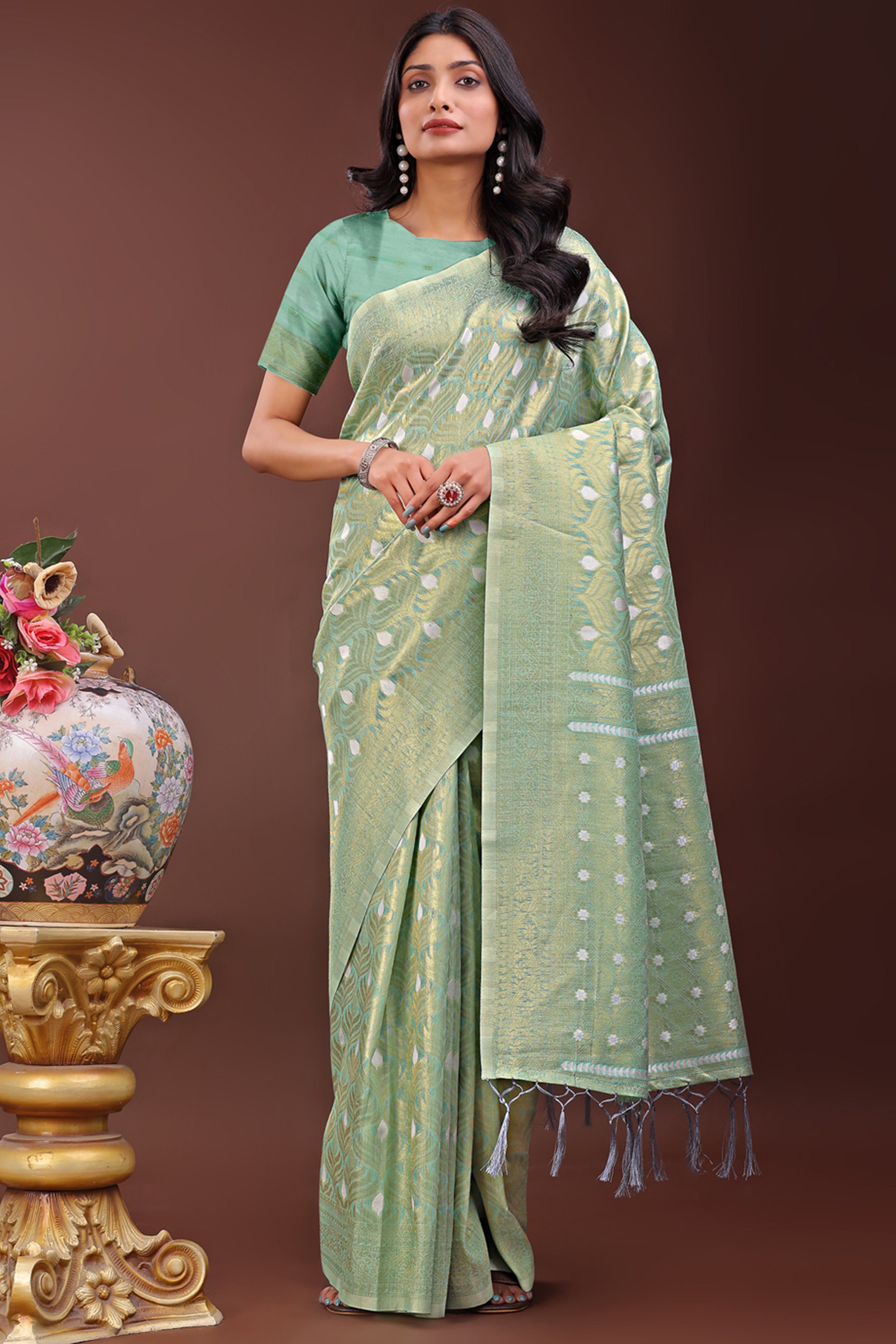 Sea Green Zari Work Cotton Silk Saree Finished with Luxe Tassels