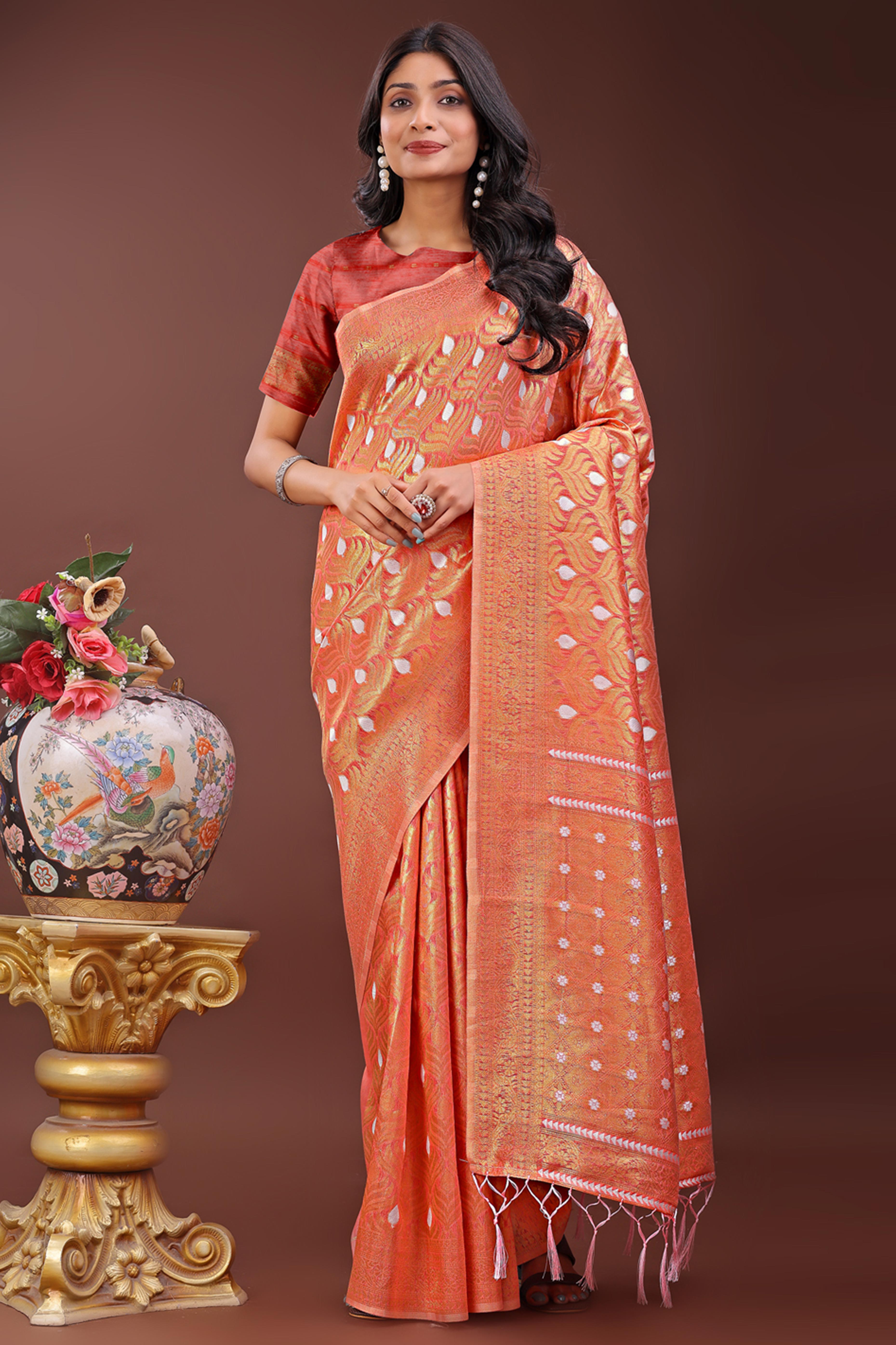 Orange Zari Work Cotton Silk Saree Finished with Luxe Tassels