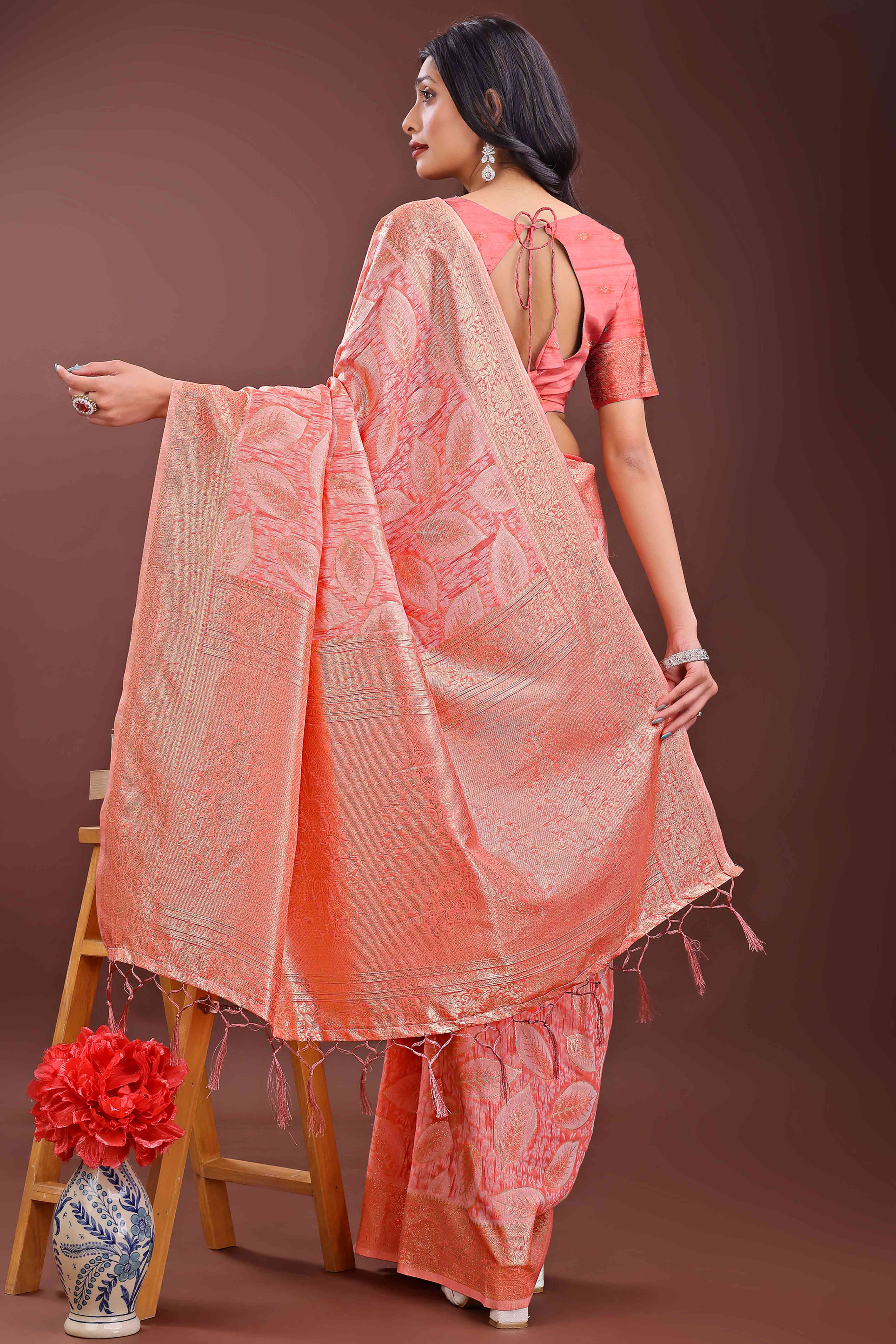Peach Brocade Woven Saree in Cotton Silk Blend with Zari Detailing