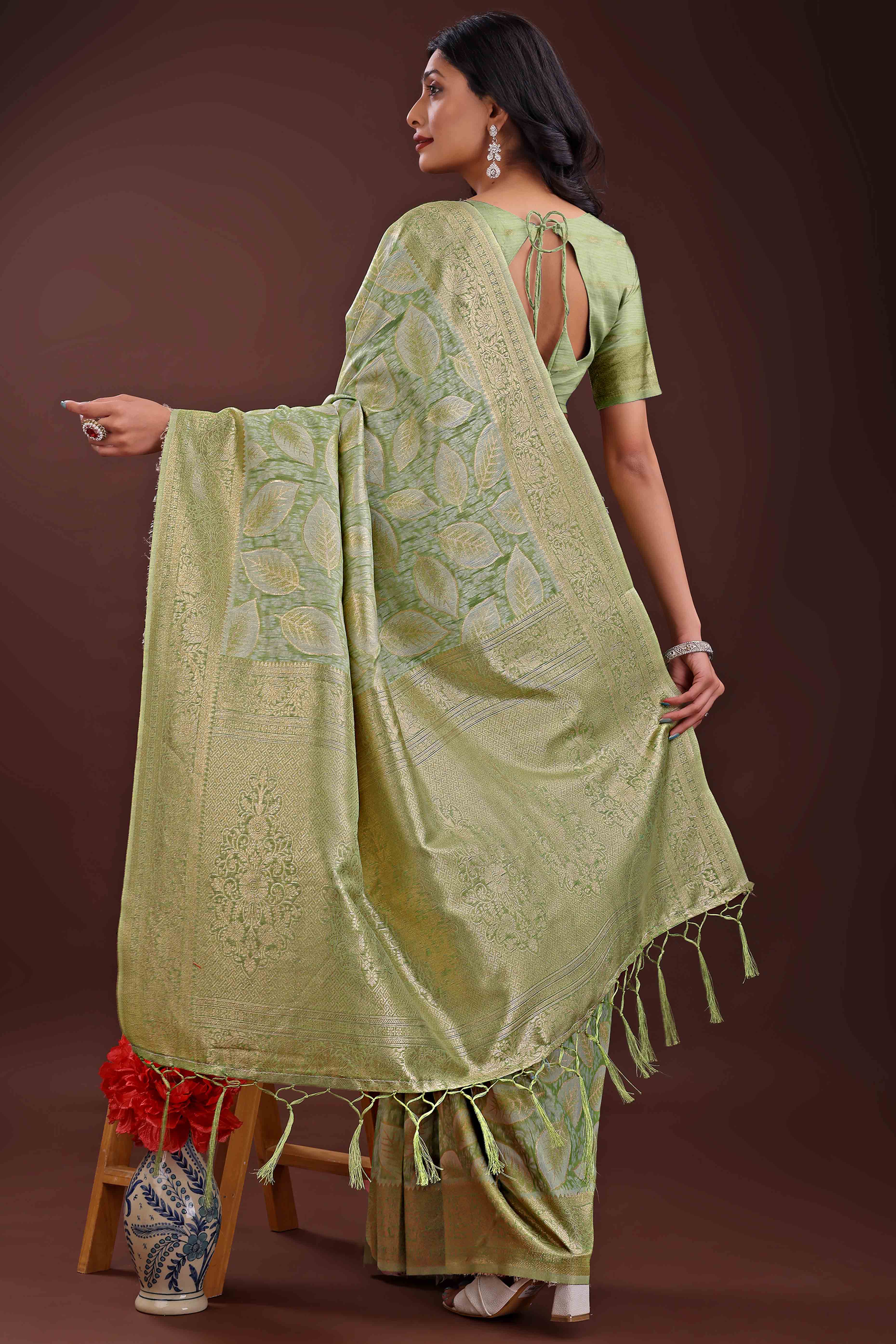 Light Green Brocade Woven Saree in Cotton Silk Blend with Zari Detailing