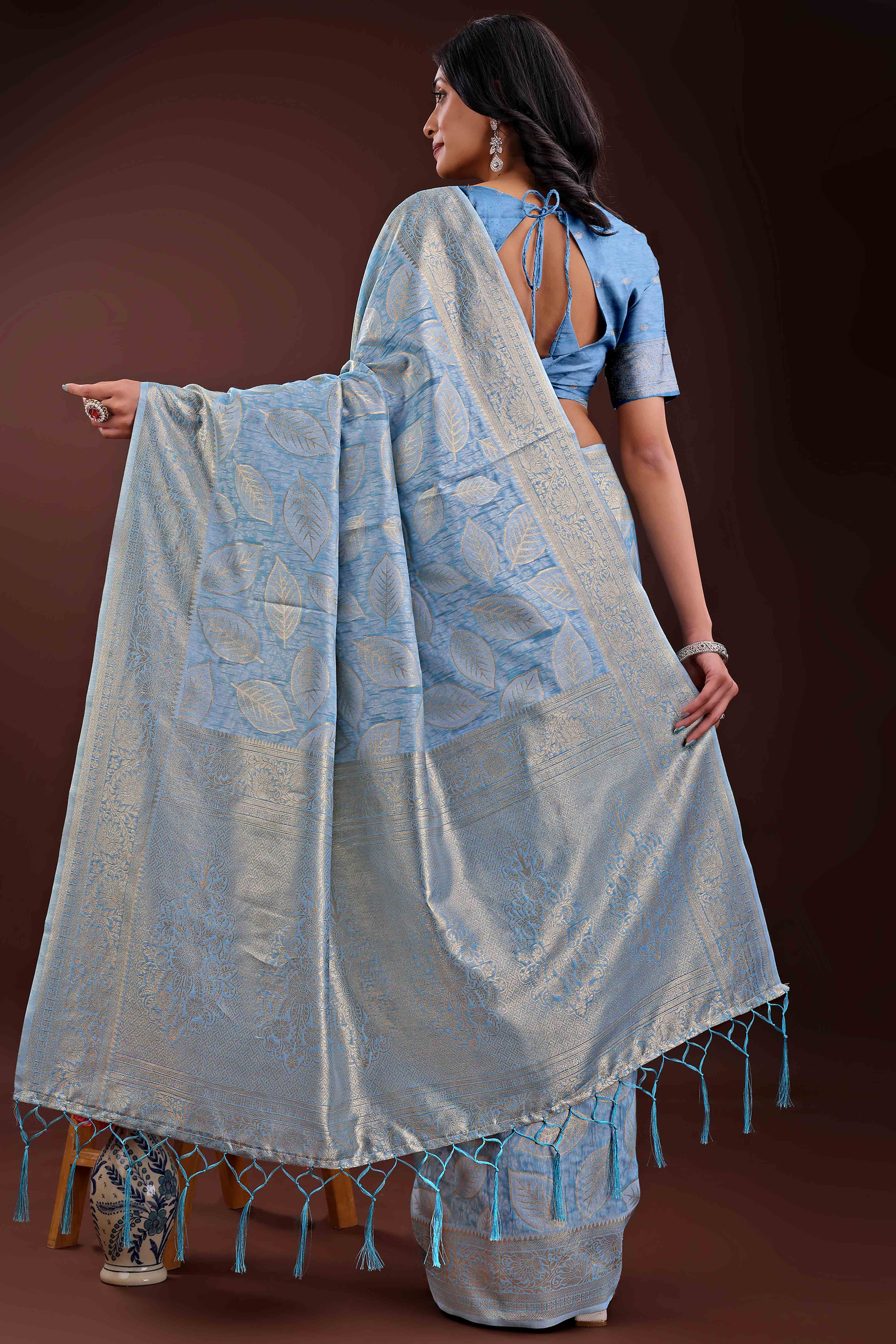Sky Blue Brocade Woven Saree in Cotton Silk Blend with Zari Detailing