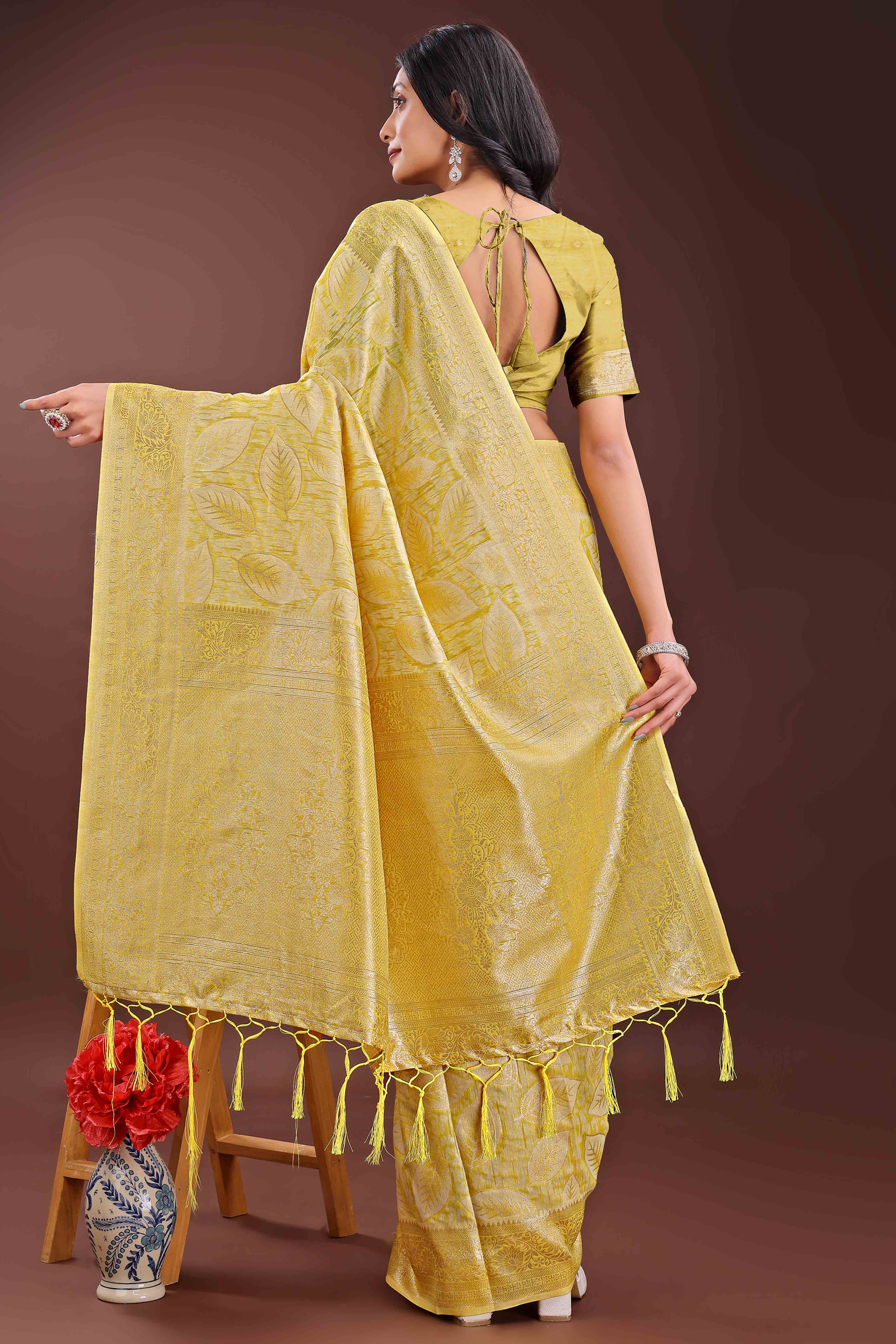 Yellow Brocade Woven Saree in Cotton Silk Blend with Zari Detailing