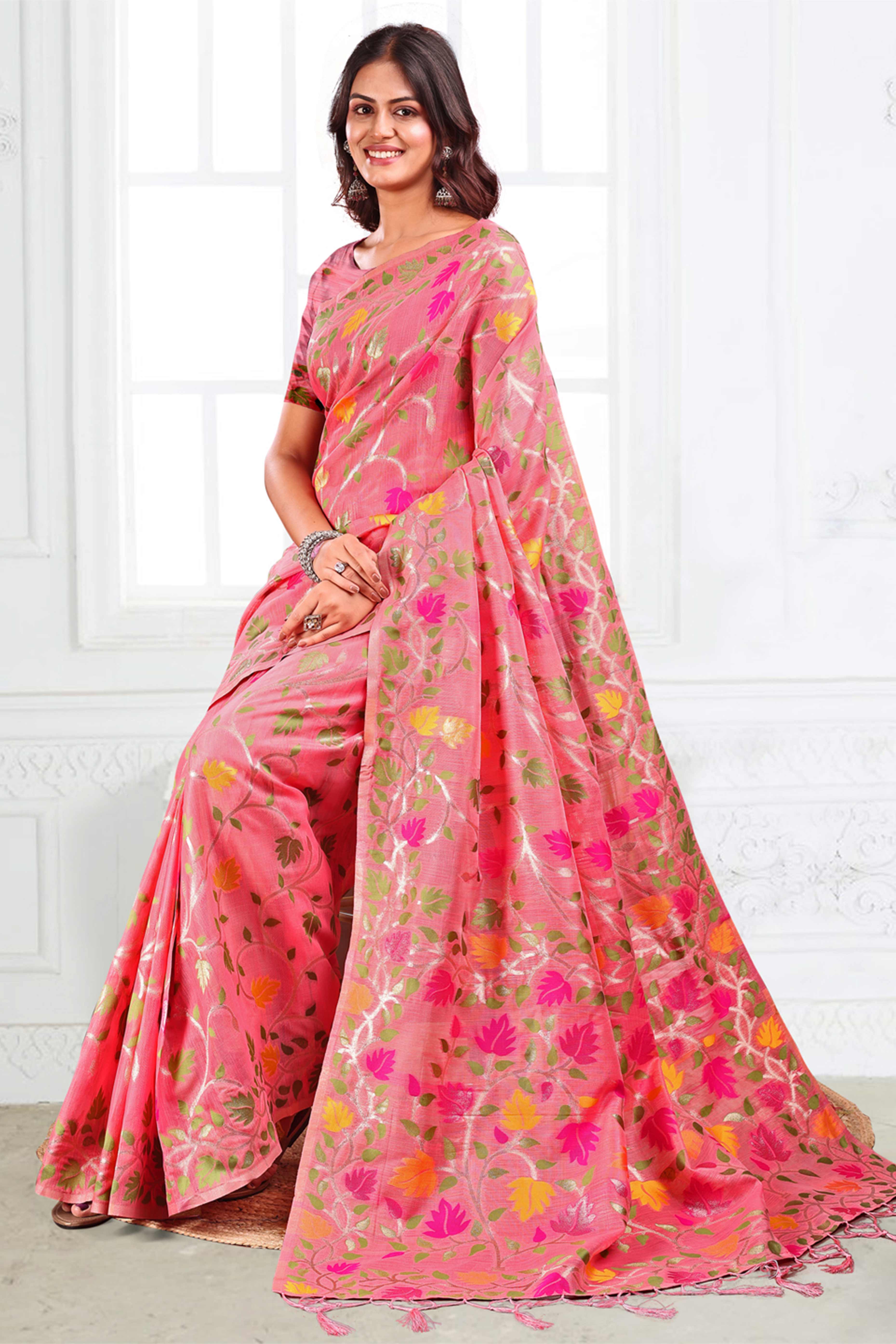Pink Linen Cotton Silk  Saree Enhanced With Floral Zari Weaving & Tasselled Pallu Finish