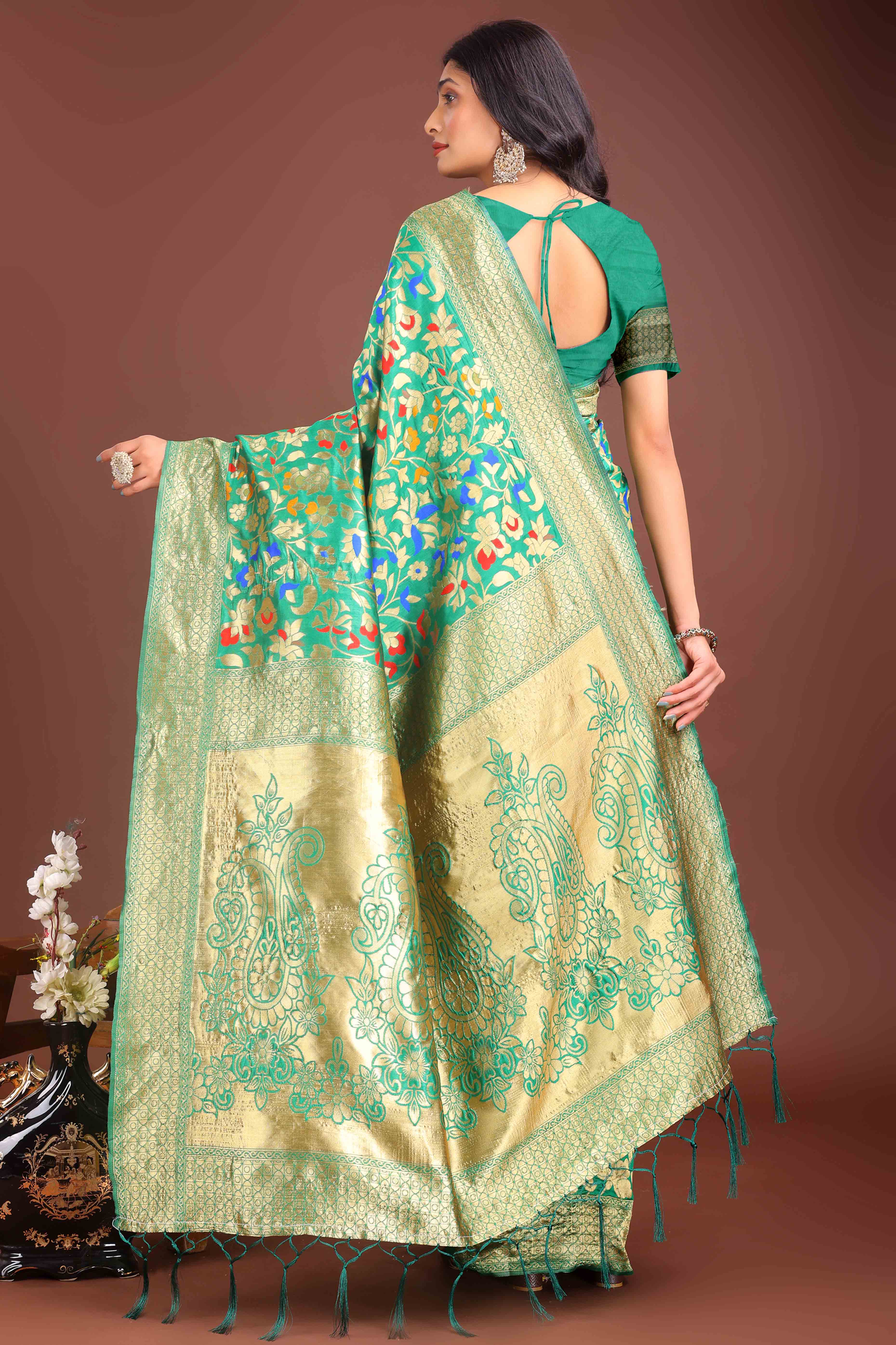 Green Lichi Banarasi Silk Saree With Floral Zari Work & Tassel Border