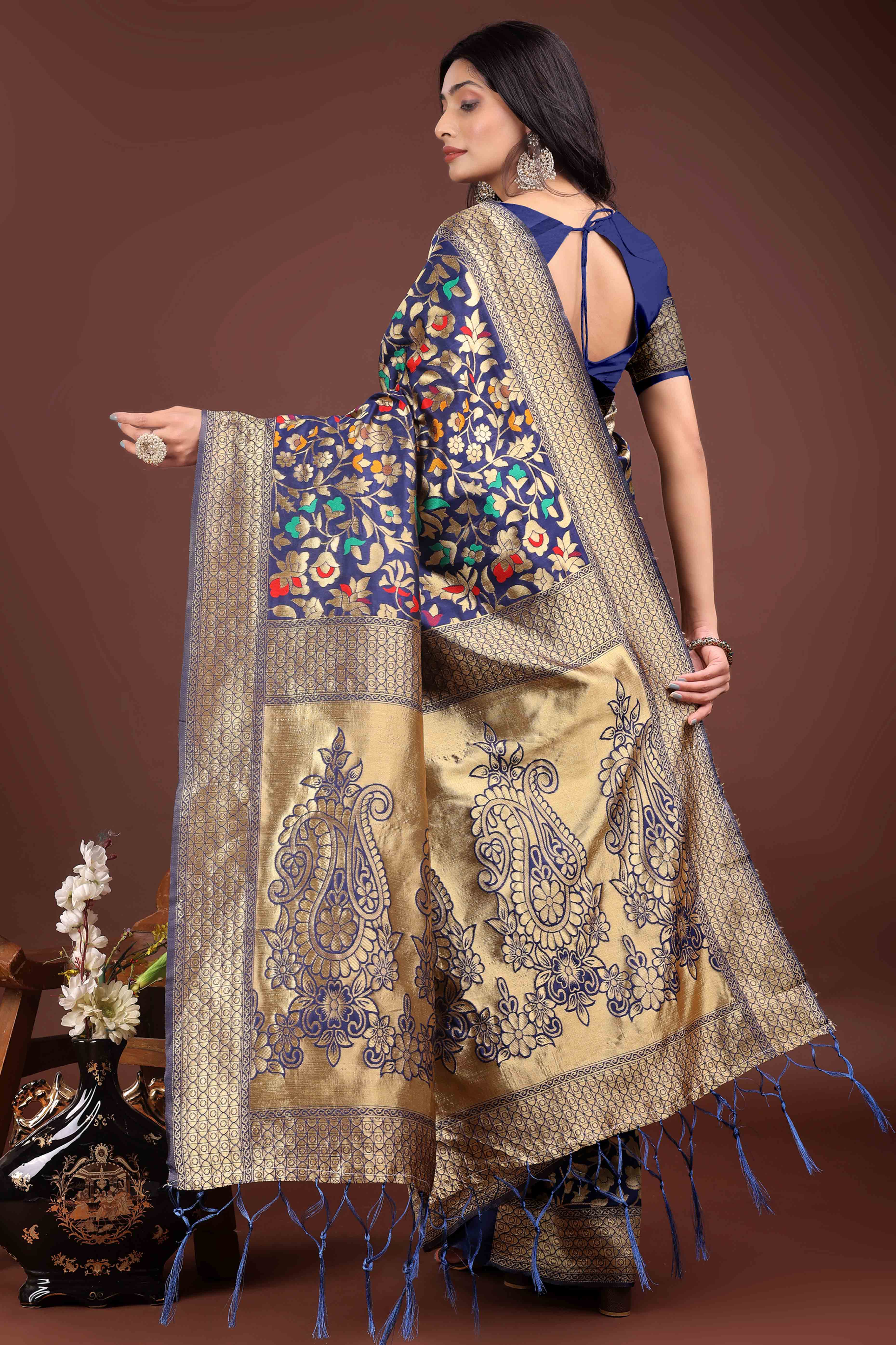 Navy Blue Lichi Banarasi Silk Saree With Floral Zari Work & Tassel Border