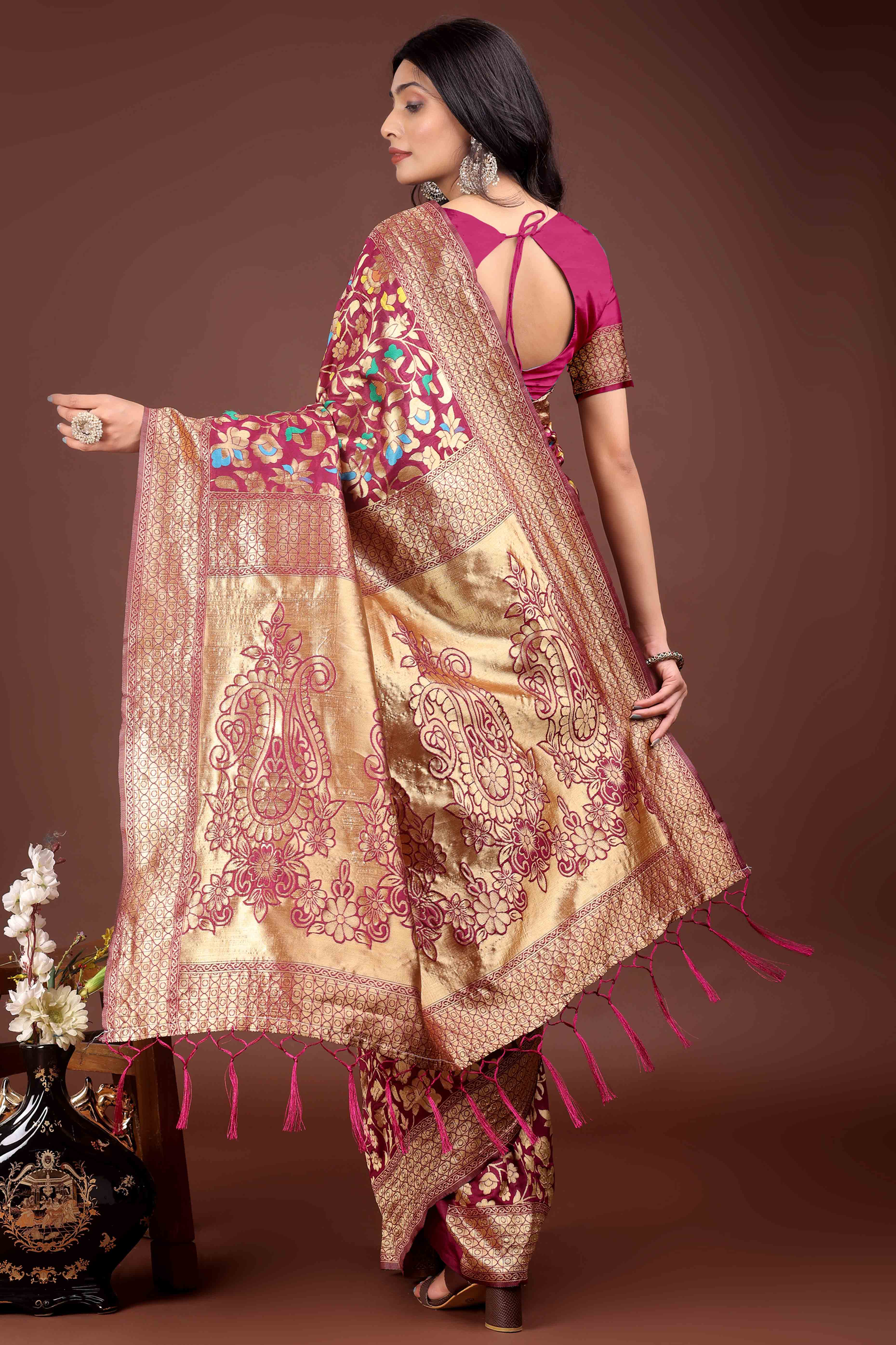 Dark Magenta Lichi Banarasi Silk Saree With Floral Zari Work & Tassel Border