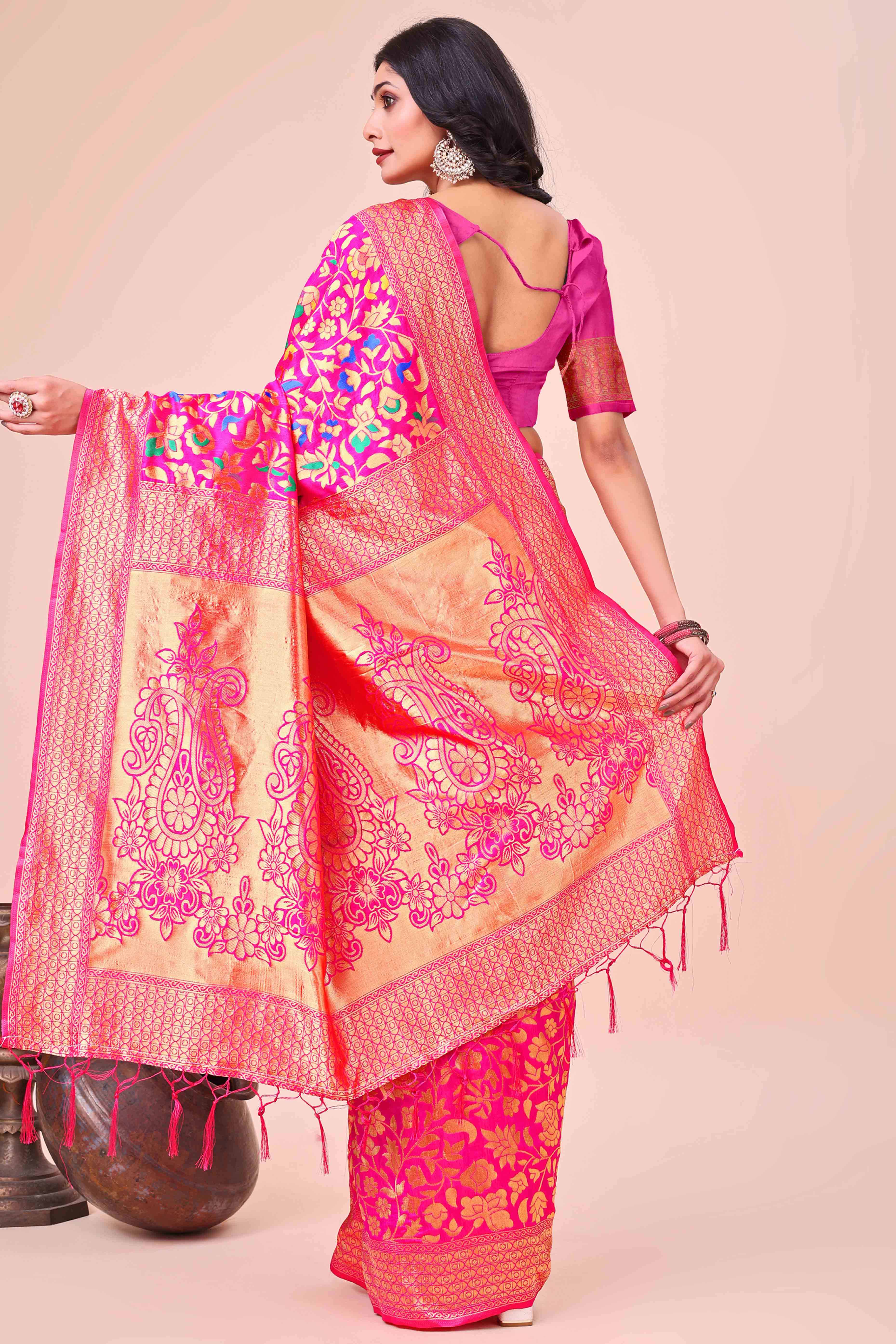 Pink Lichi Banarasi Silk Saree With Floral Zari Work & Tassel Border