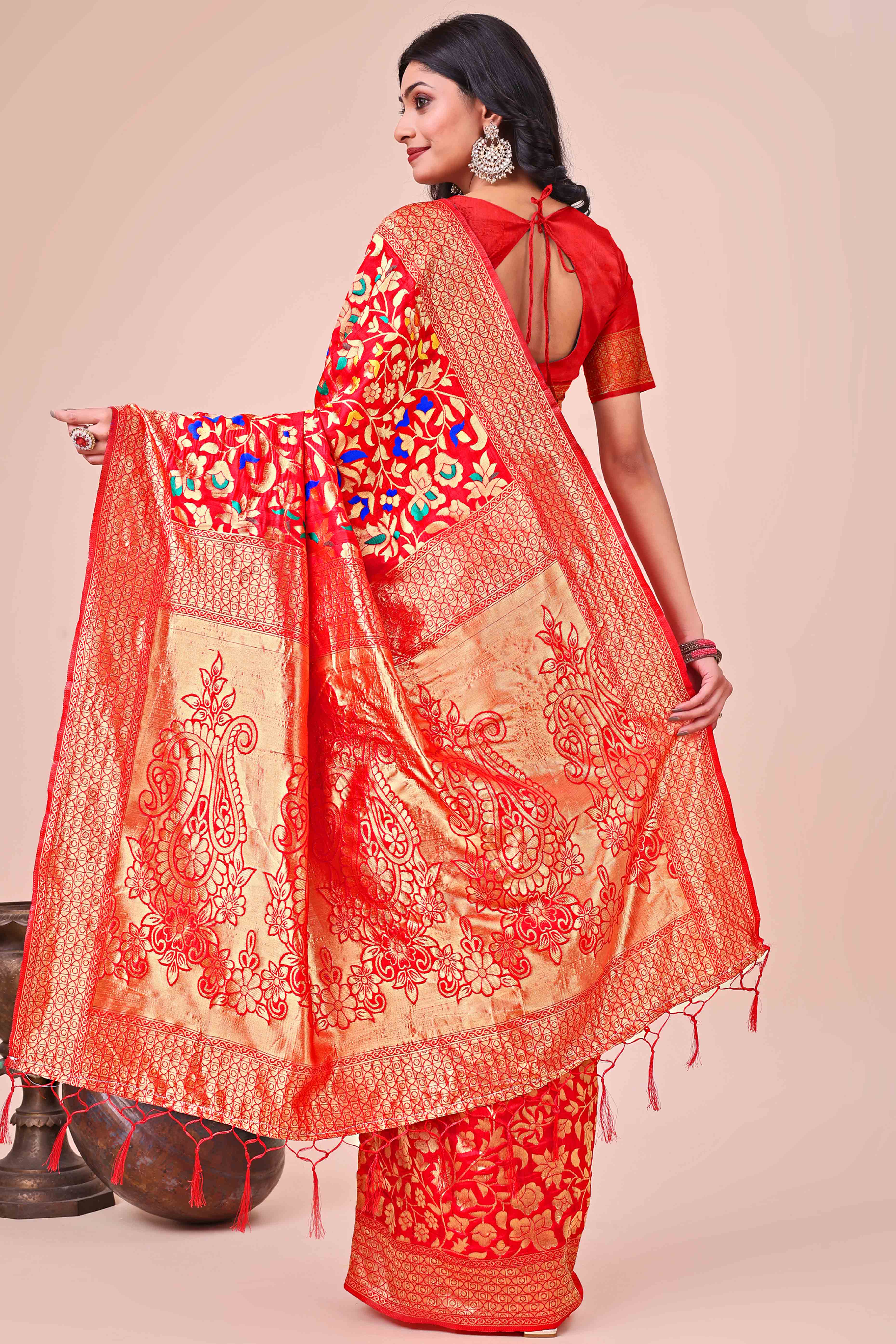 Red Lichi Banarasi Silk Saree With Floral Zari Work & Tassel Border