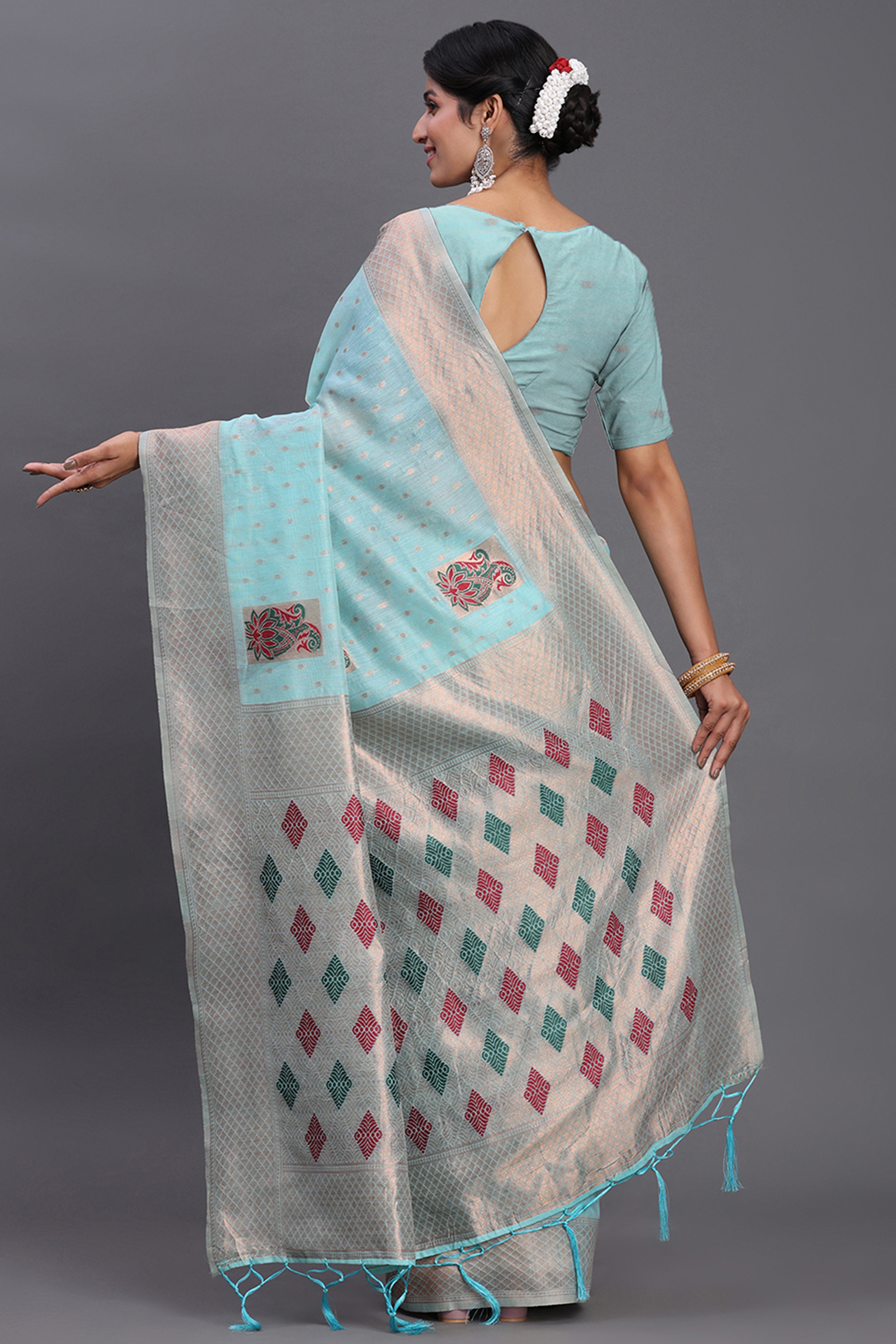 Stylish Sky Blue Floral Zari Weaving Linen Cotton Saree With Graceful Tassel Pallu