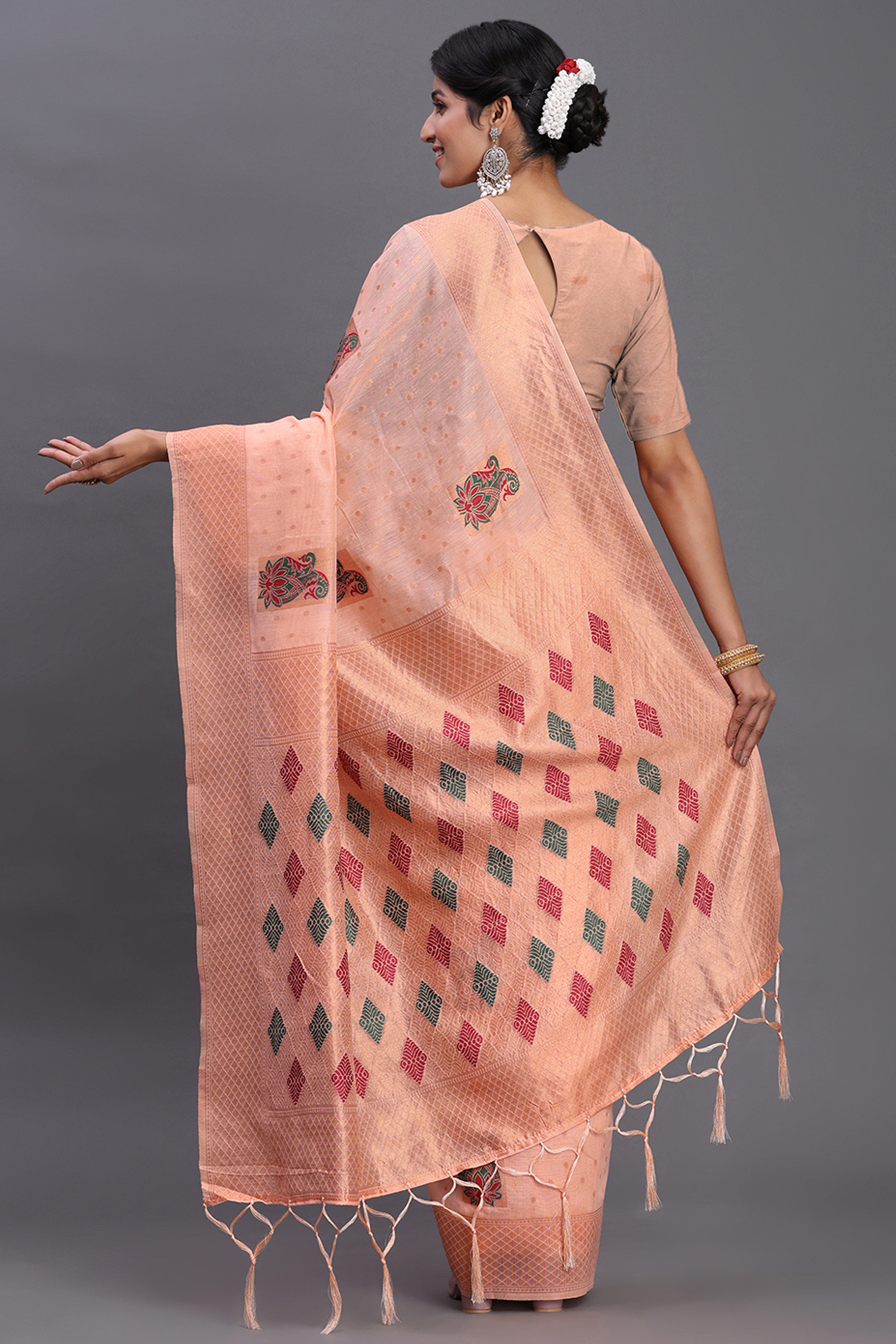 Stylish Peach Floral Zari Weaving Linen Cotton Saree With Graceful Tassel Pallu